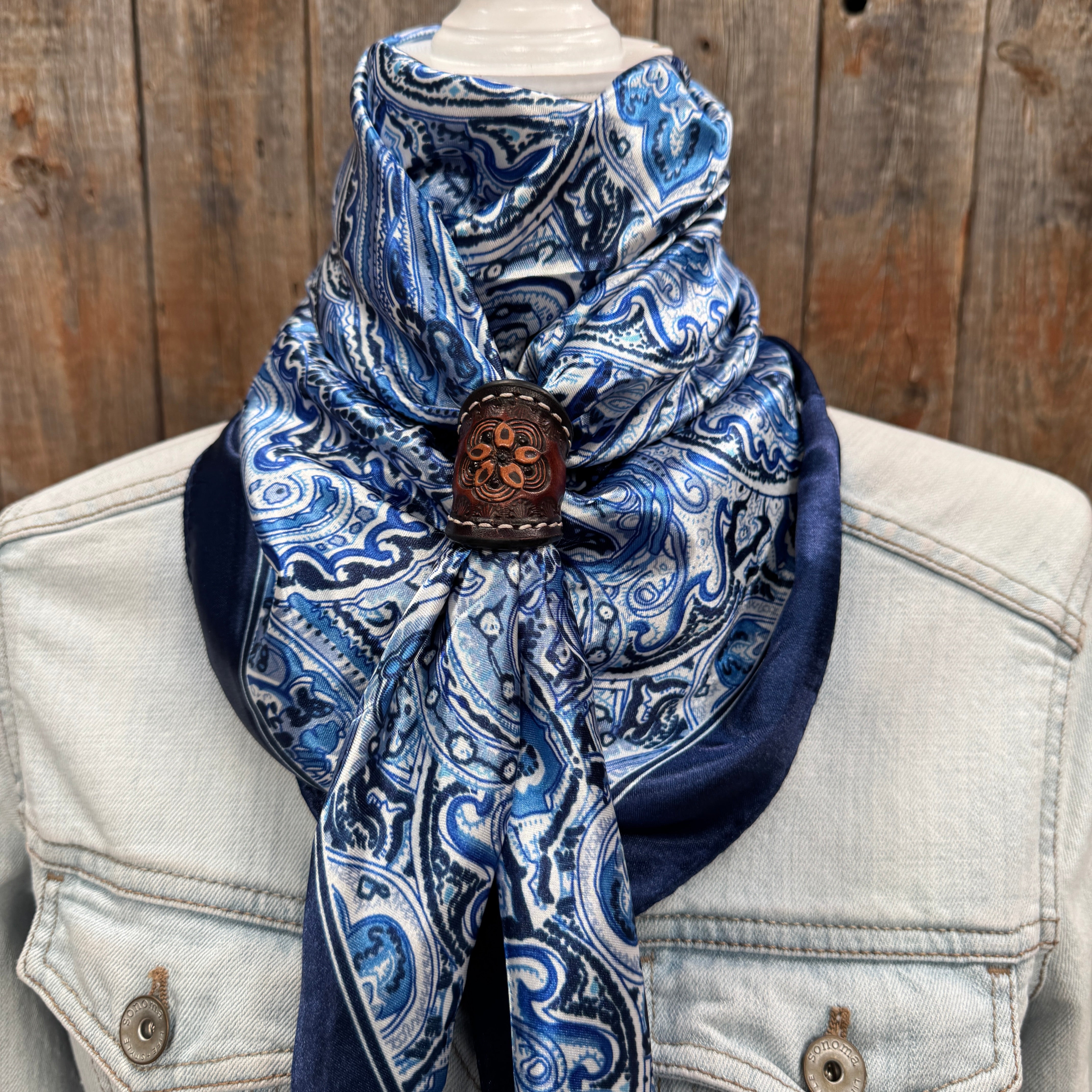 35X35" Blue & White Paisley Wild Rag / Scarf WR3418 - Tooled Leather Wild Rag Slides - Assorted