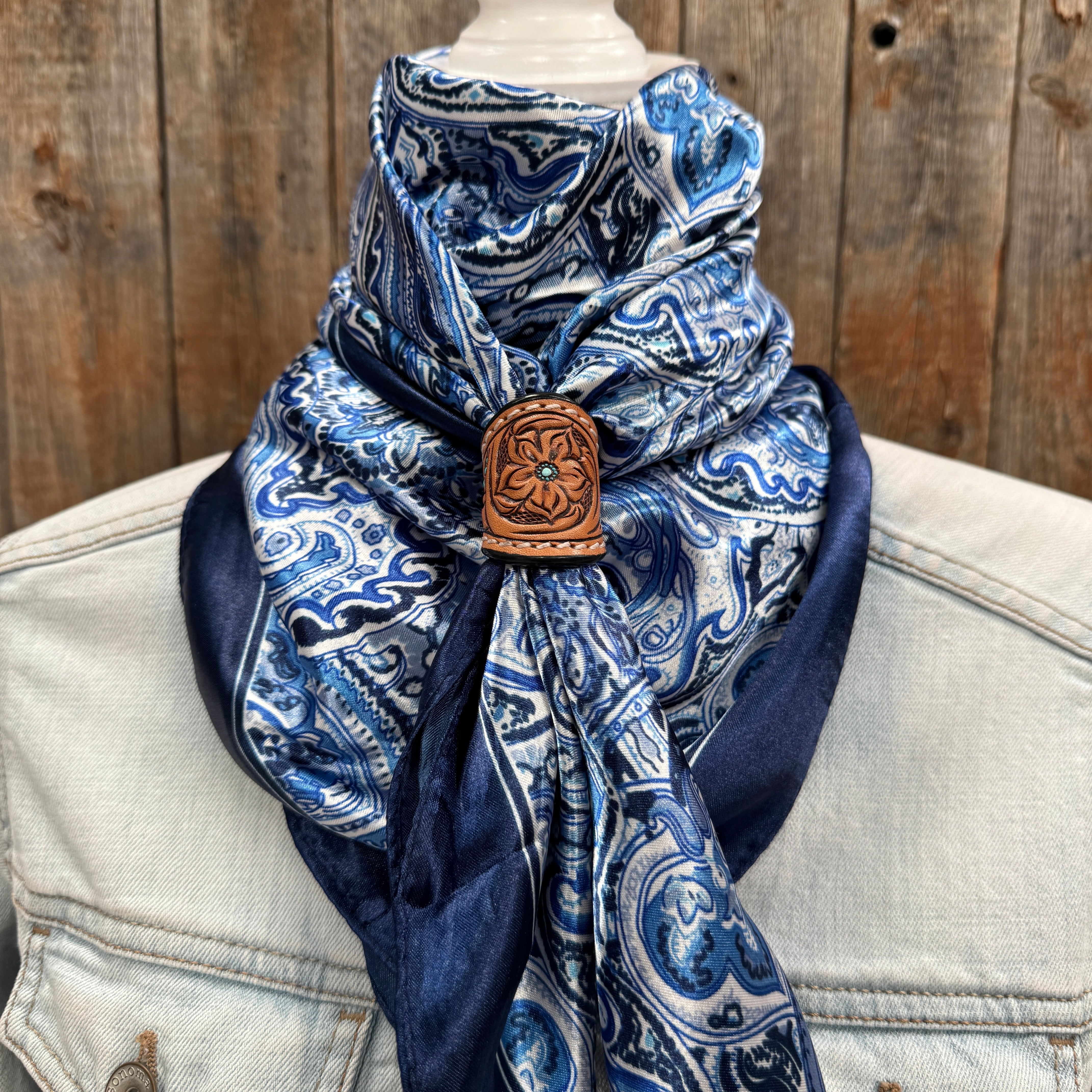 35X35" Blue & White Paisley Wild Rag / Scarf WR3418 - Tooled Leather Wild Rag Slides - Assorted