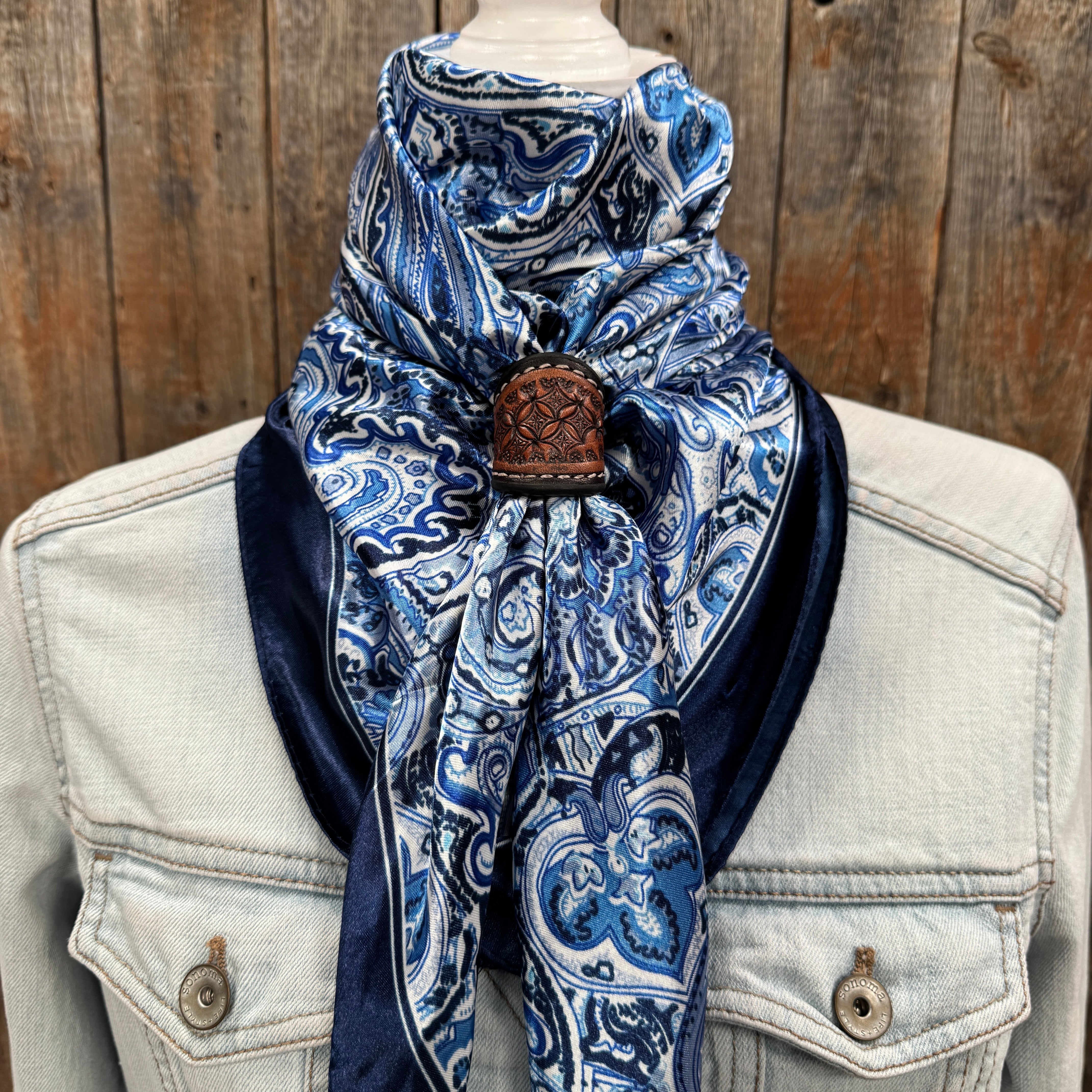 35X35" Blue & White Paisley Wild Rag / Scarf WR3418 - Tooled Leather Wild Rag Slides - Assorted