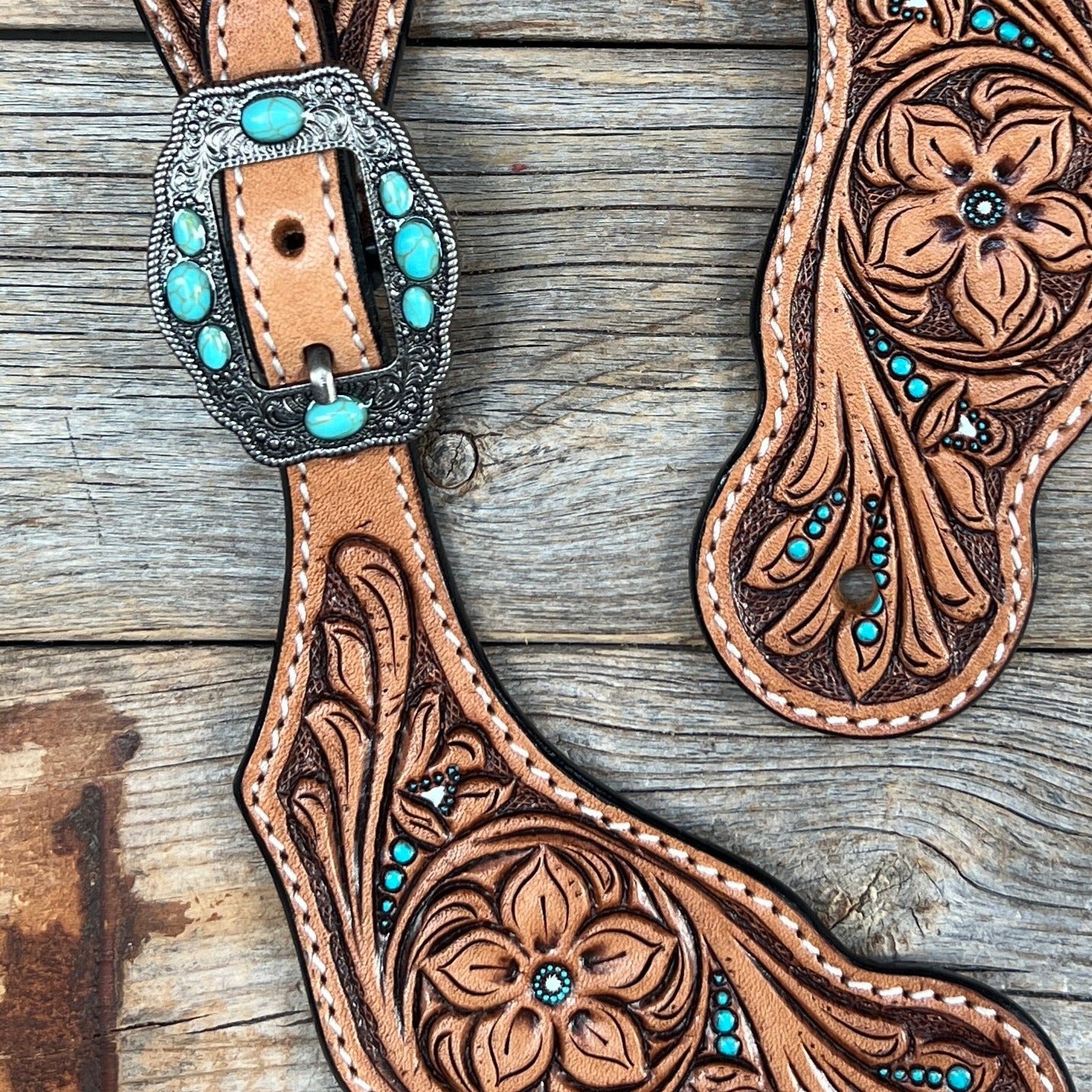 Floral Teal Dot Antique Silver Turquoise Spur Straps #SS125