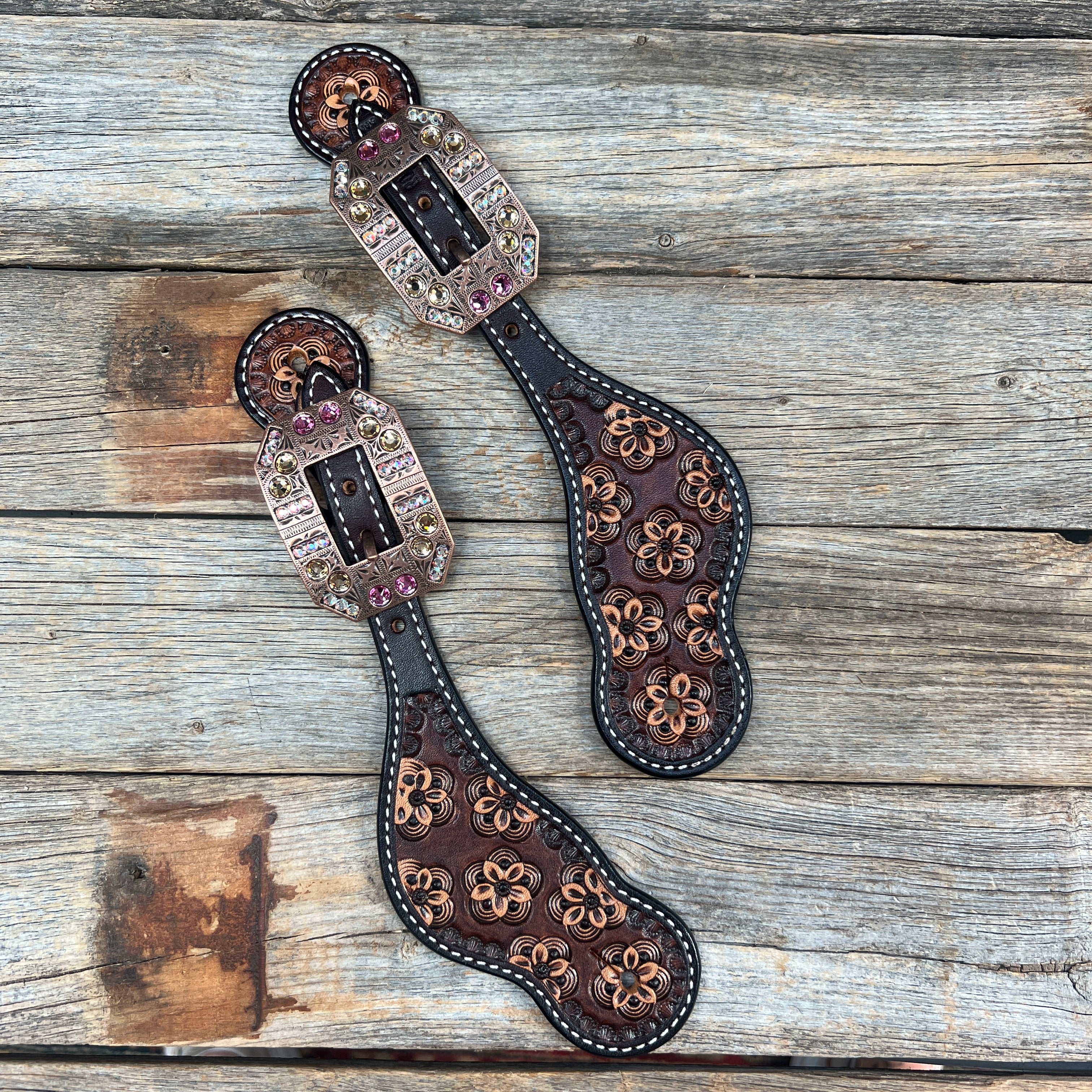 Flower Power Pink, Champagne, AB Spur Straps #SS126