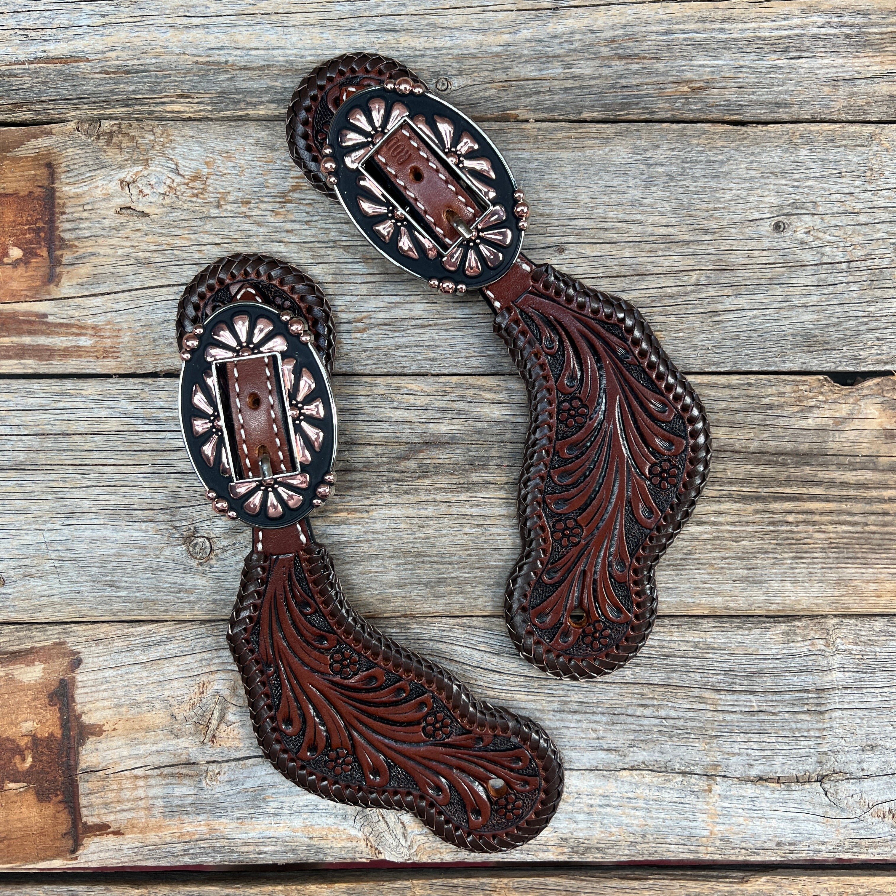 Dark Oil Whipstitch Copper Flower Spur Straps - Copper Flower #SS124
