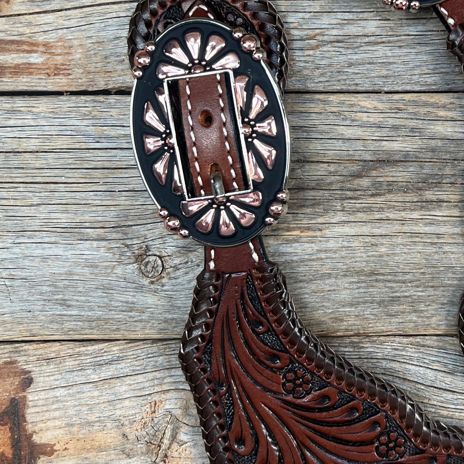 Dark Oil Whipstitch Copper Flower Spur Straps - Copper Flower #SS124