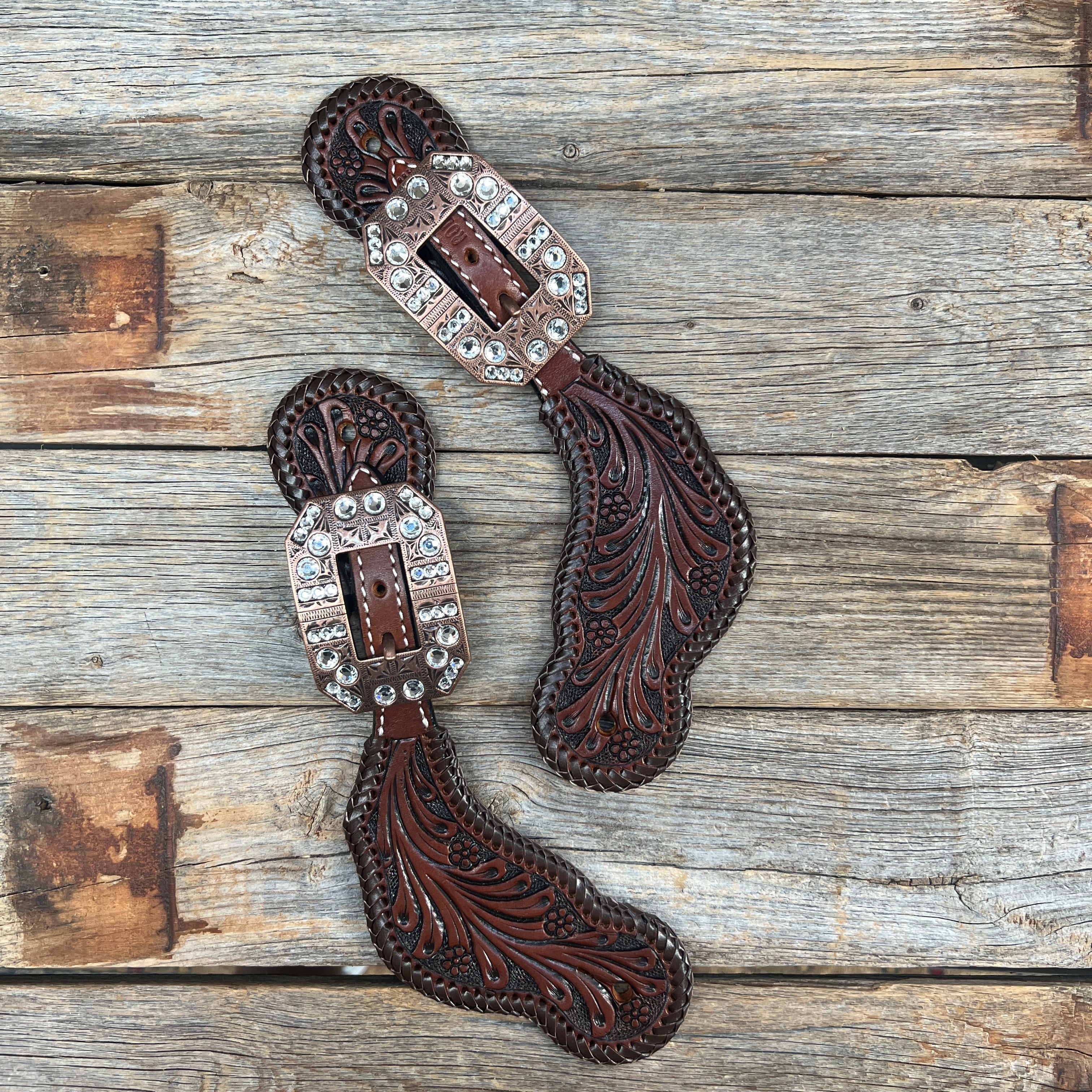 Dark Oil Whipstitch Clear Spur Straps #SS129