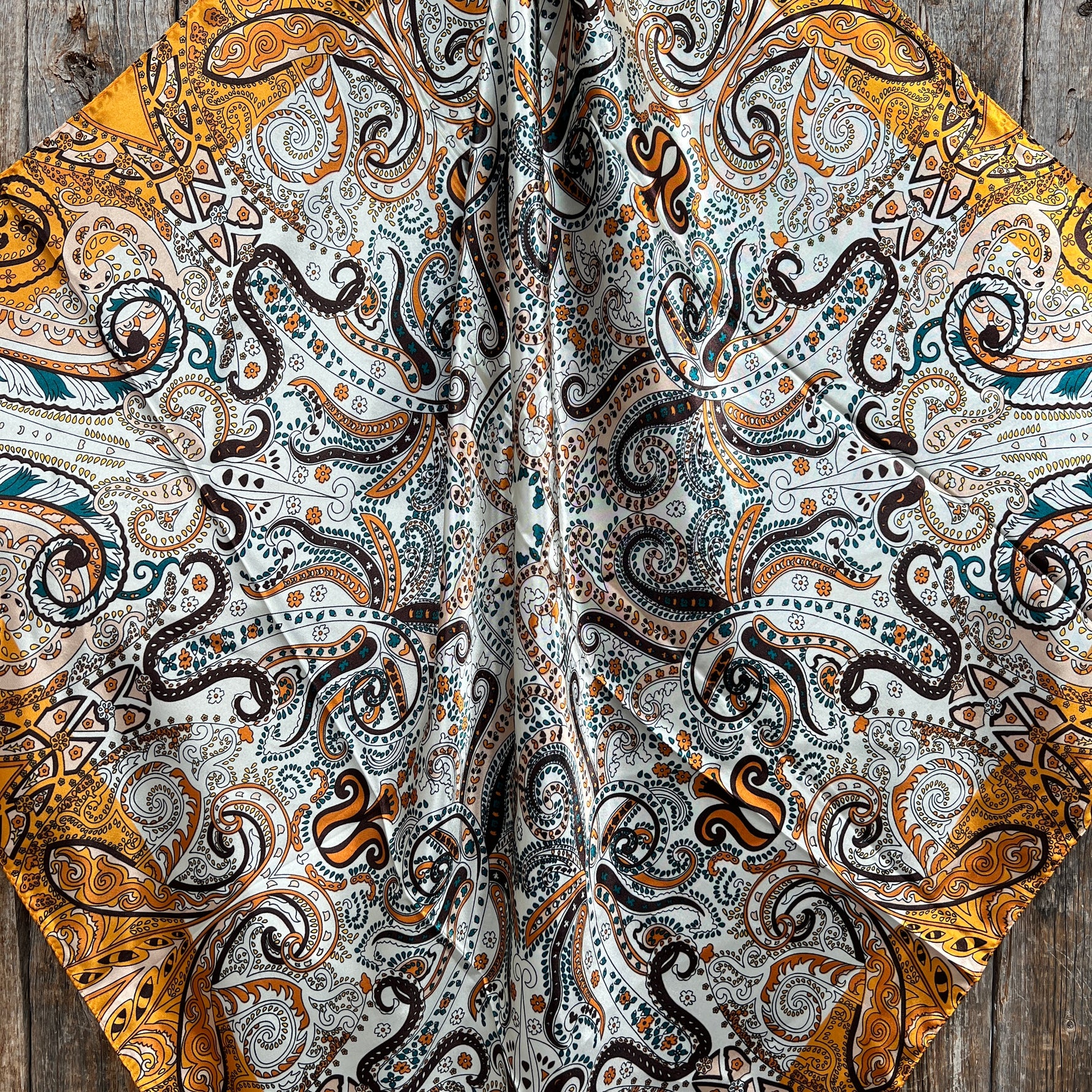 35X35" Golden, Green and Brown Paisley Wild Rag / Scarf WR1003