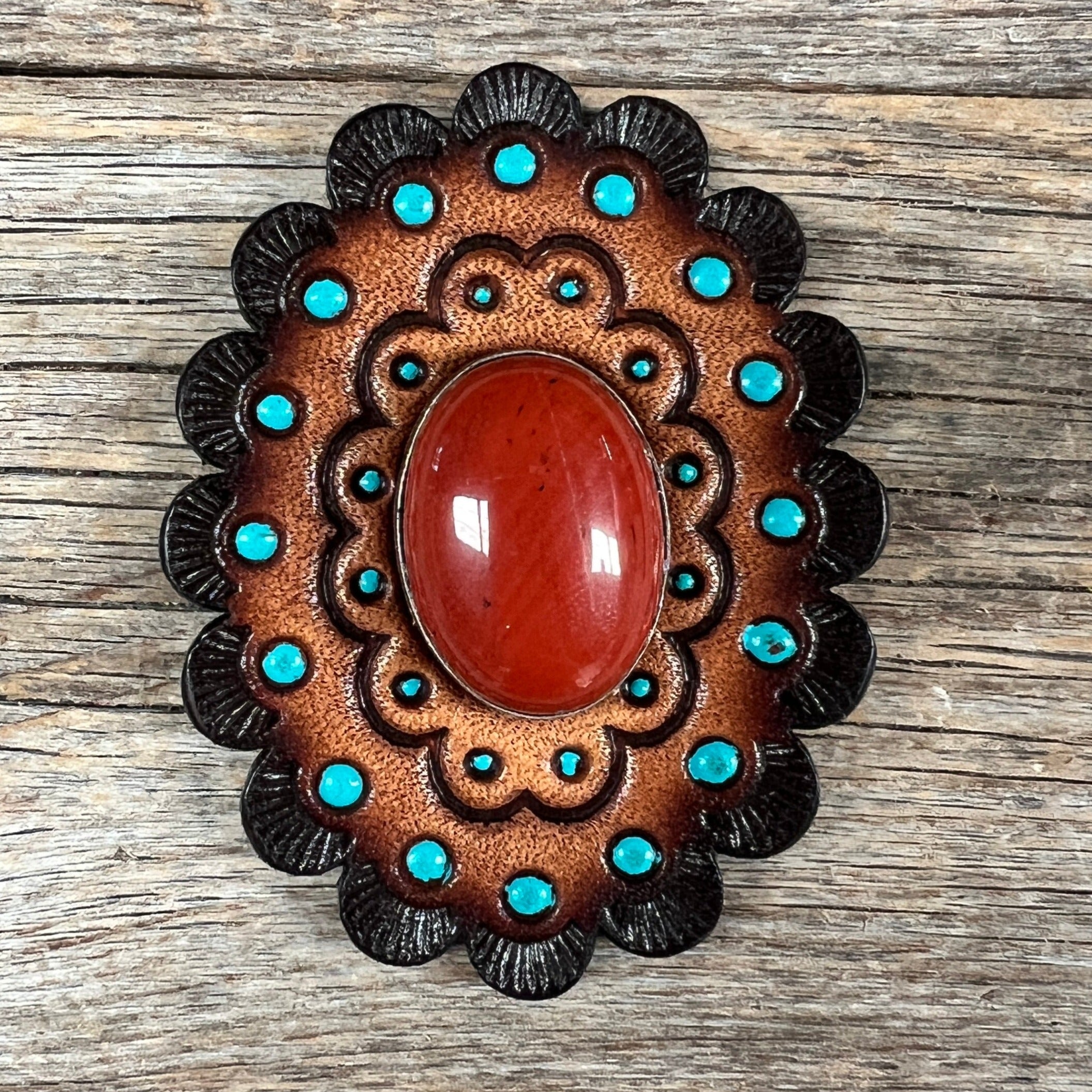 Leather Rosette Dark Oil Edges with Rust Cabochon Western Concho R104CABRU