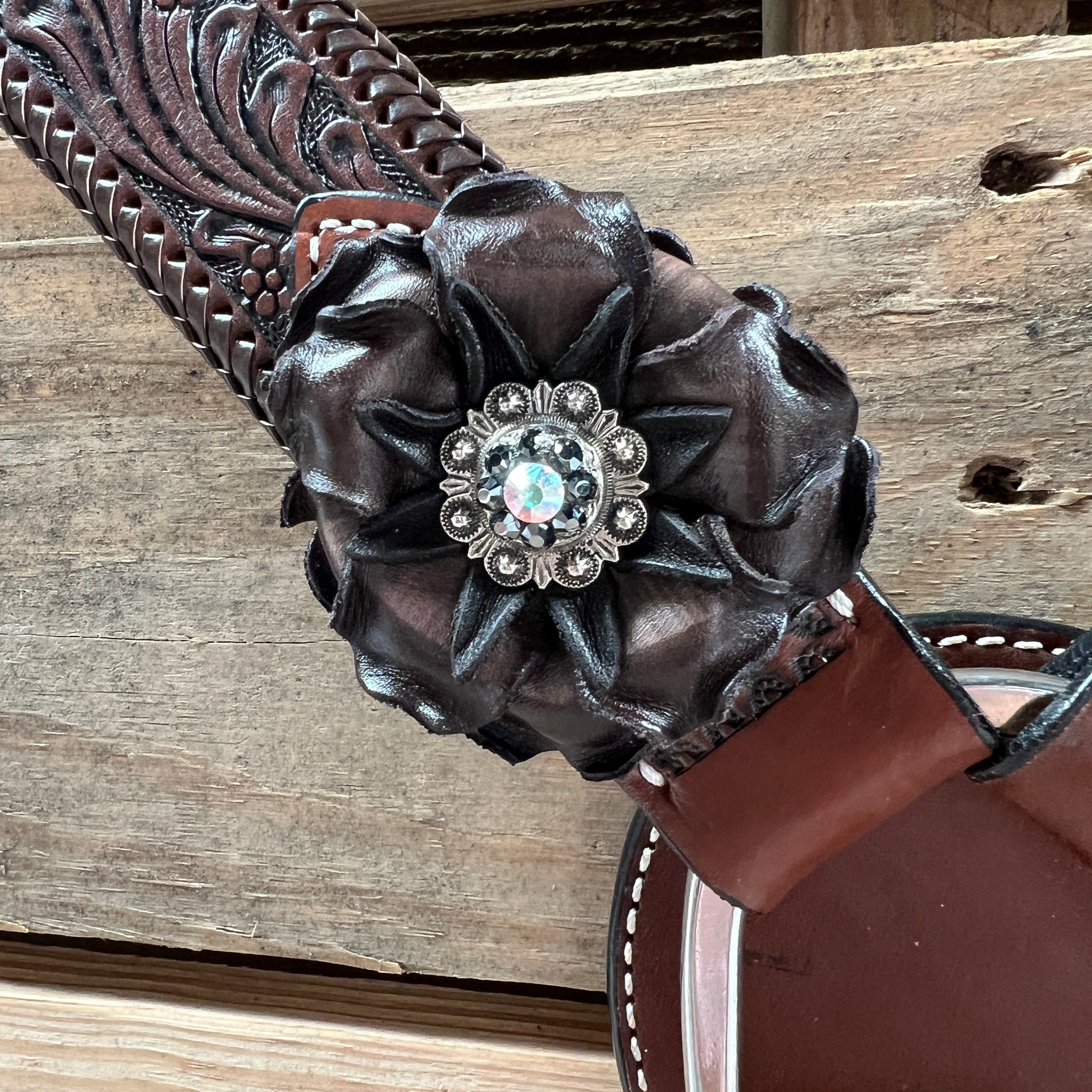 Dark Oil Braid Jet and AB Browband / One Ear Tack Set  #BBBC626