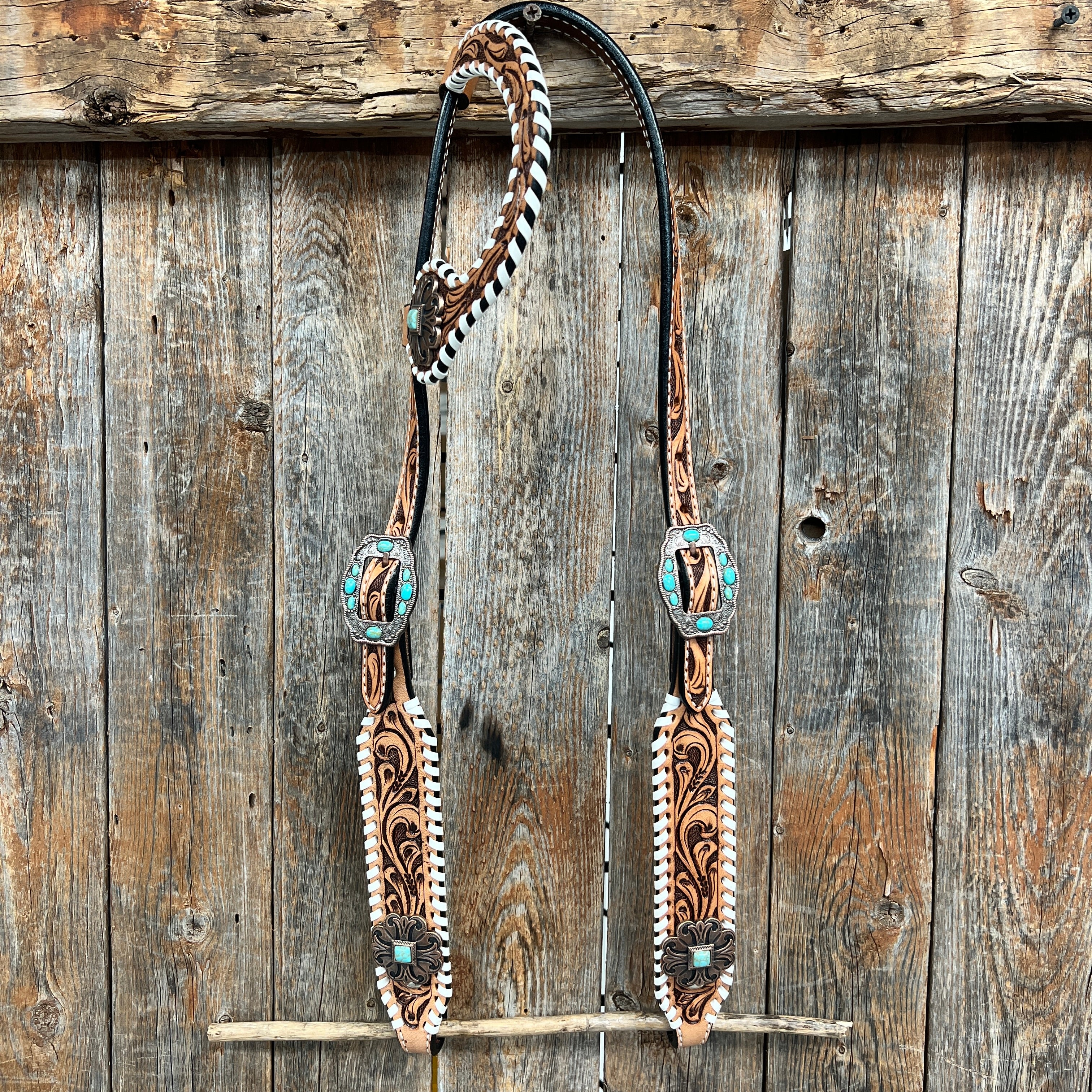 Whipstitch Copper Turquoise  Browband / One Ear Tack Set #BBBC419