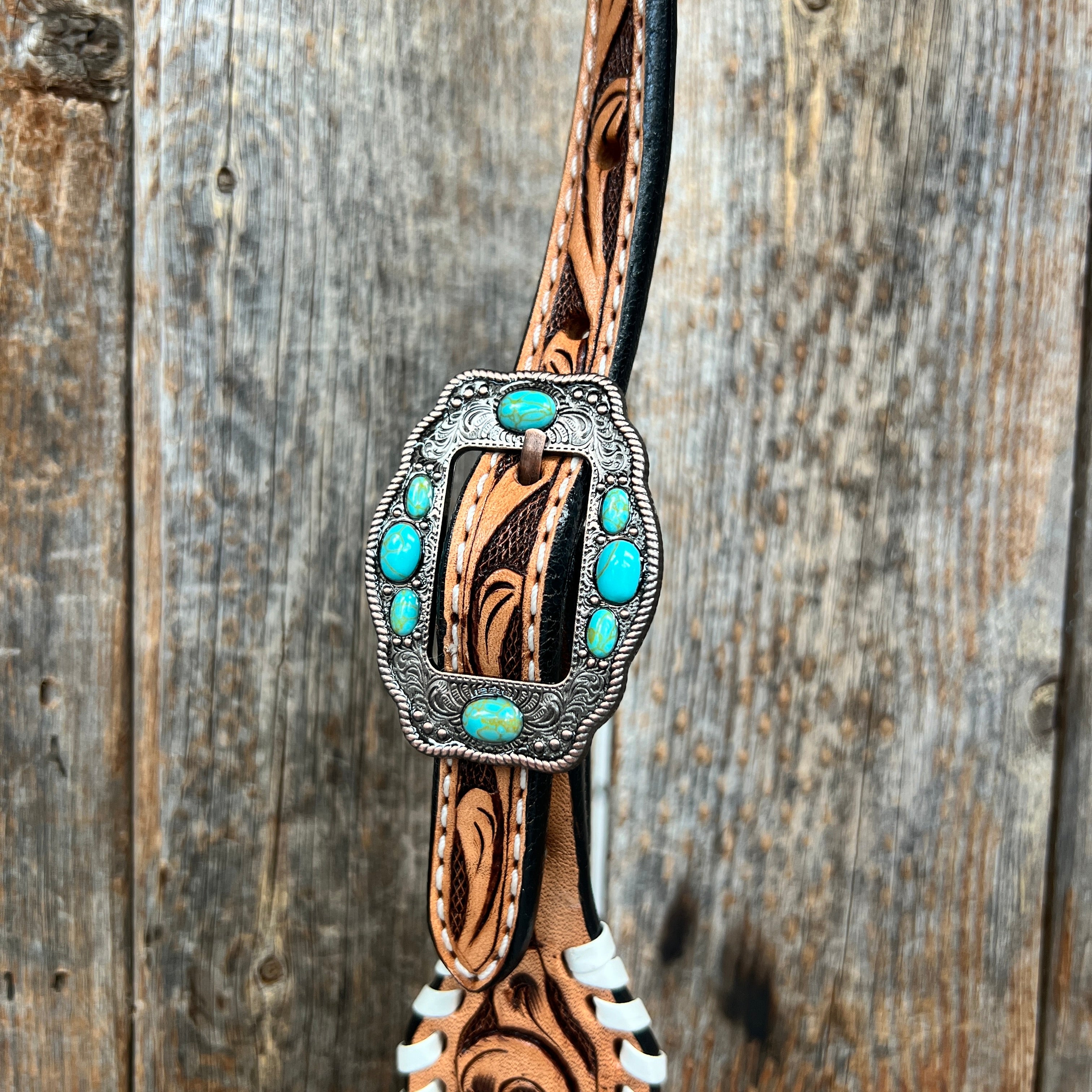 Whipstitch Copper Turquoise  Browband / One Ear Tack Set #BBBC419