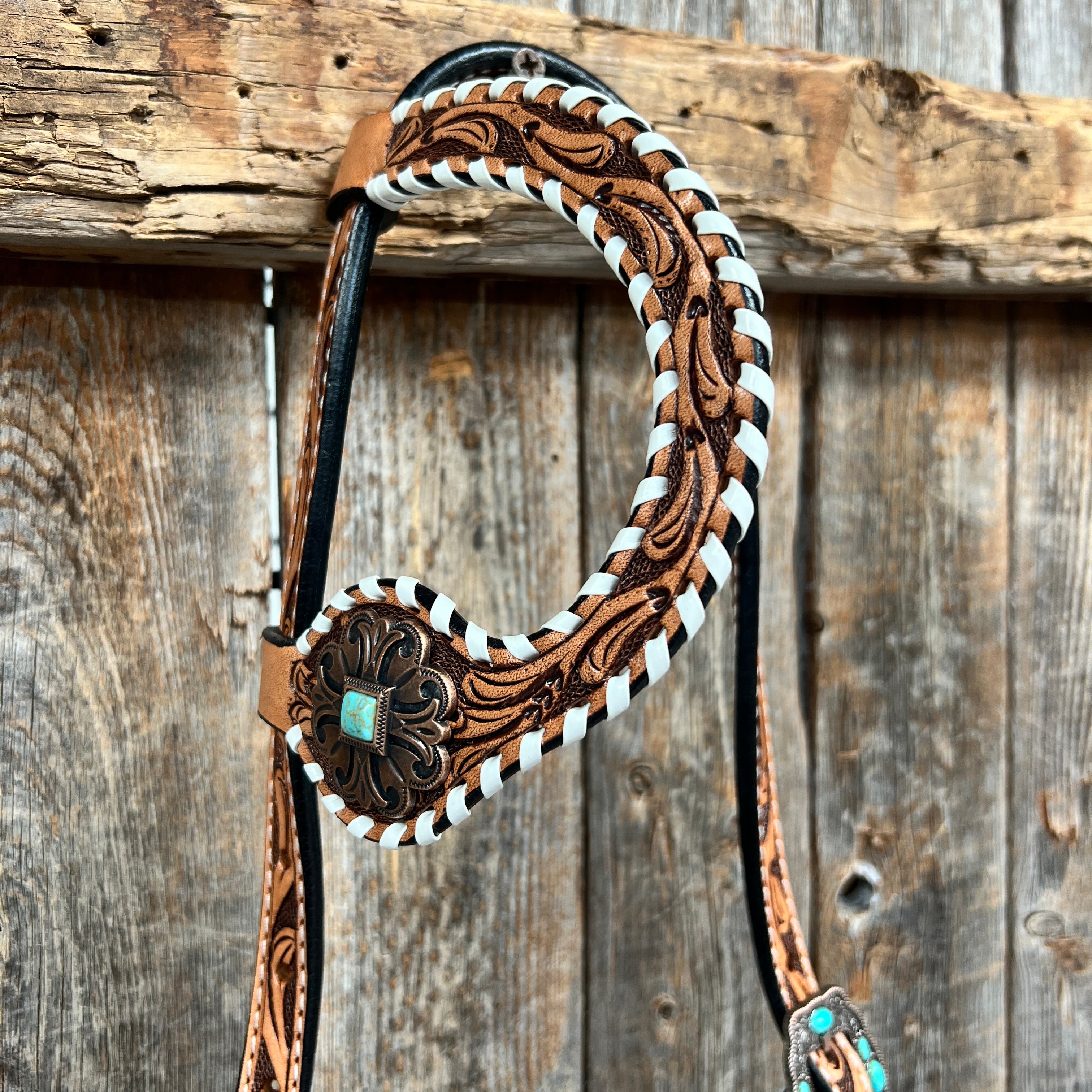 Whipstitch Copper Turquoise  Browband / One Ear Tack Set #BBBC419