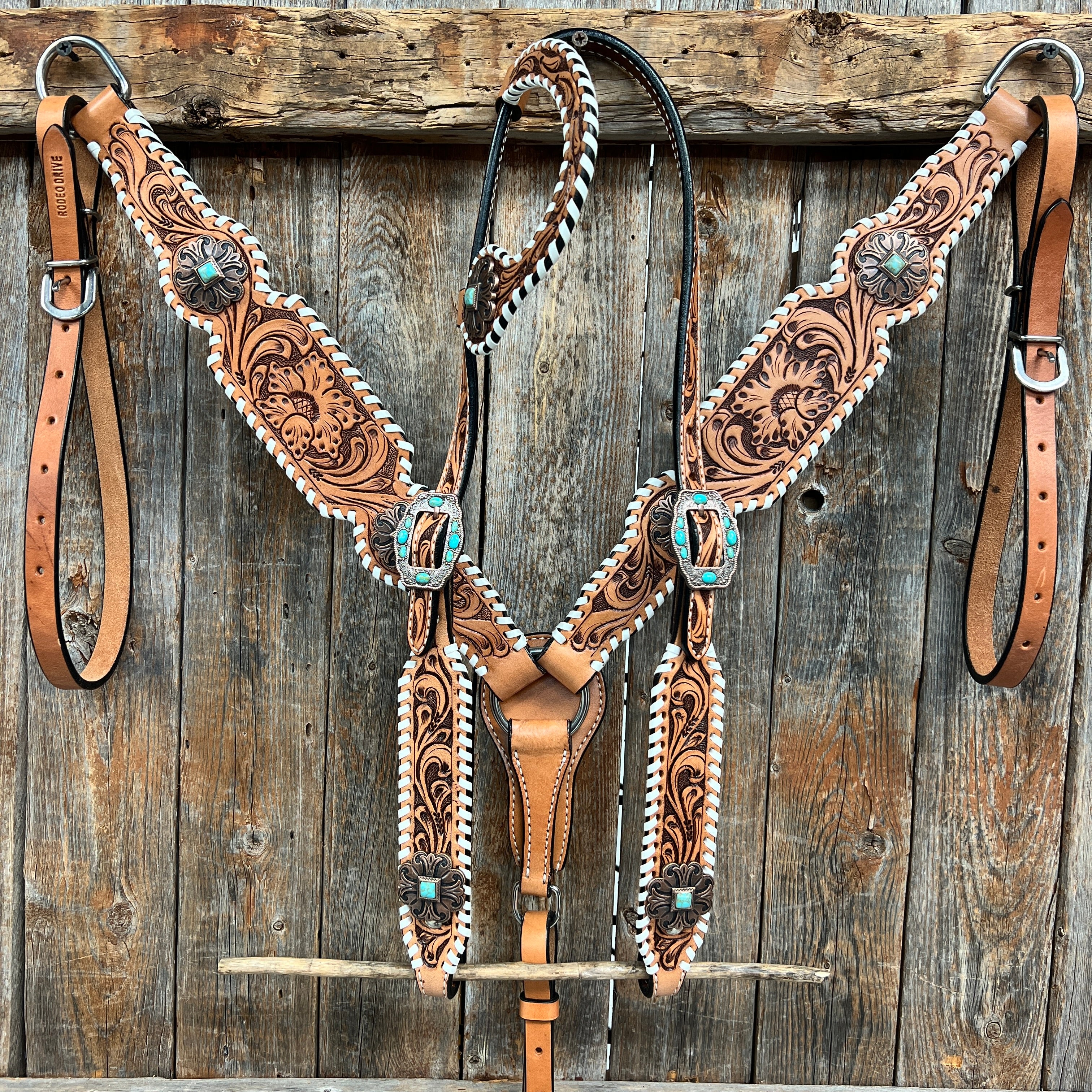 Whipstitch Copper Turquoise  Browband / One Ear Tack Set #BBBC419