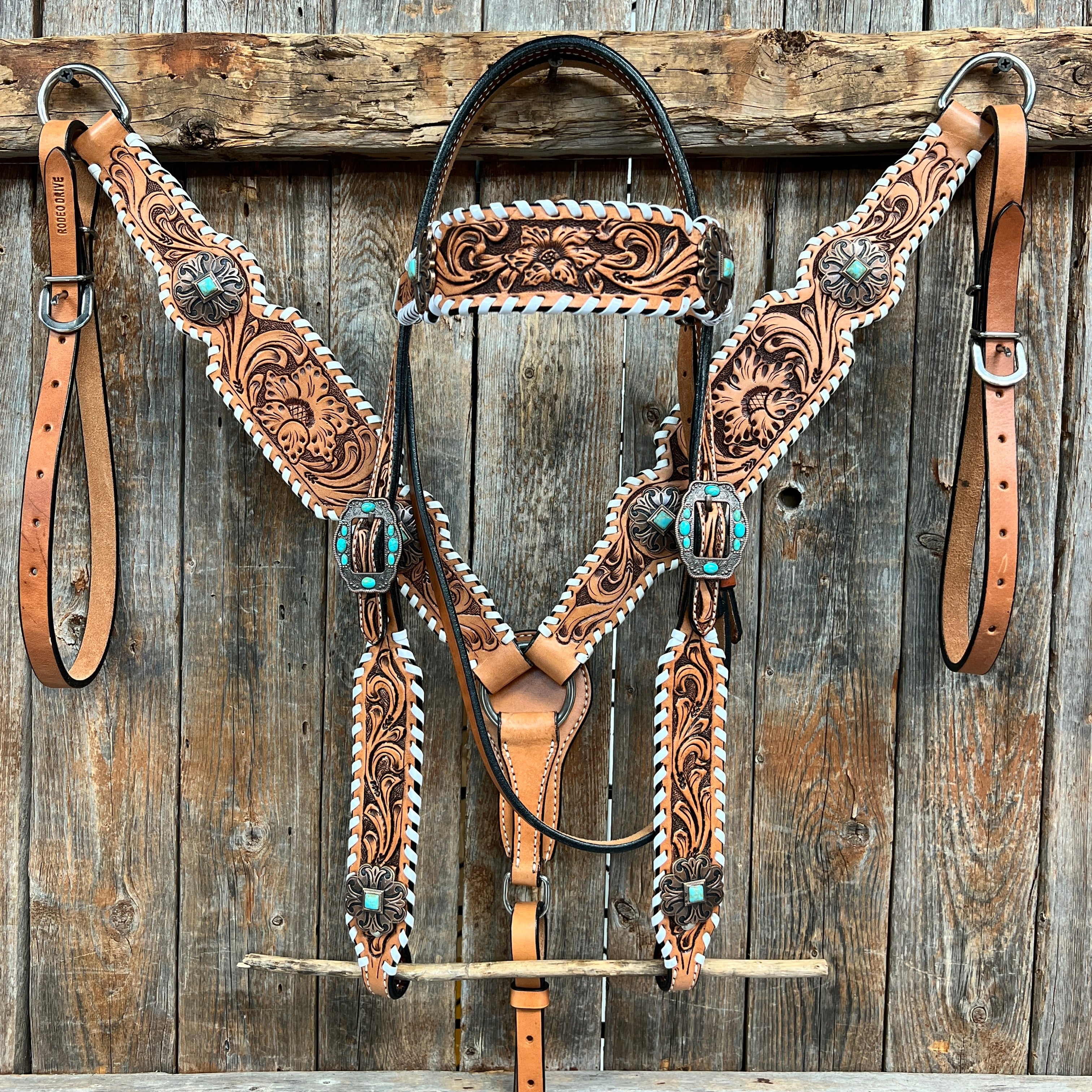 Whipstitch Copper Turquoise  Browband / One Ear Tack Set #BBBC419