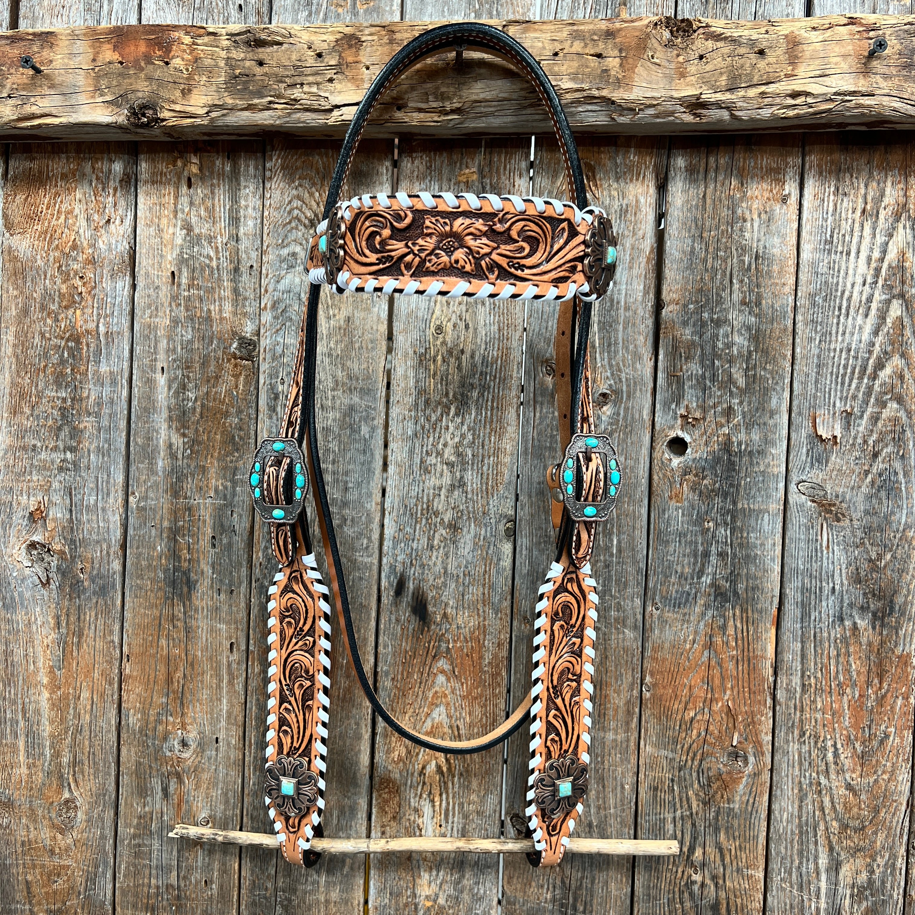 Whipstitch Copper Turquoise  Browband / One Ear Tack Set #BBBC419