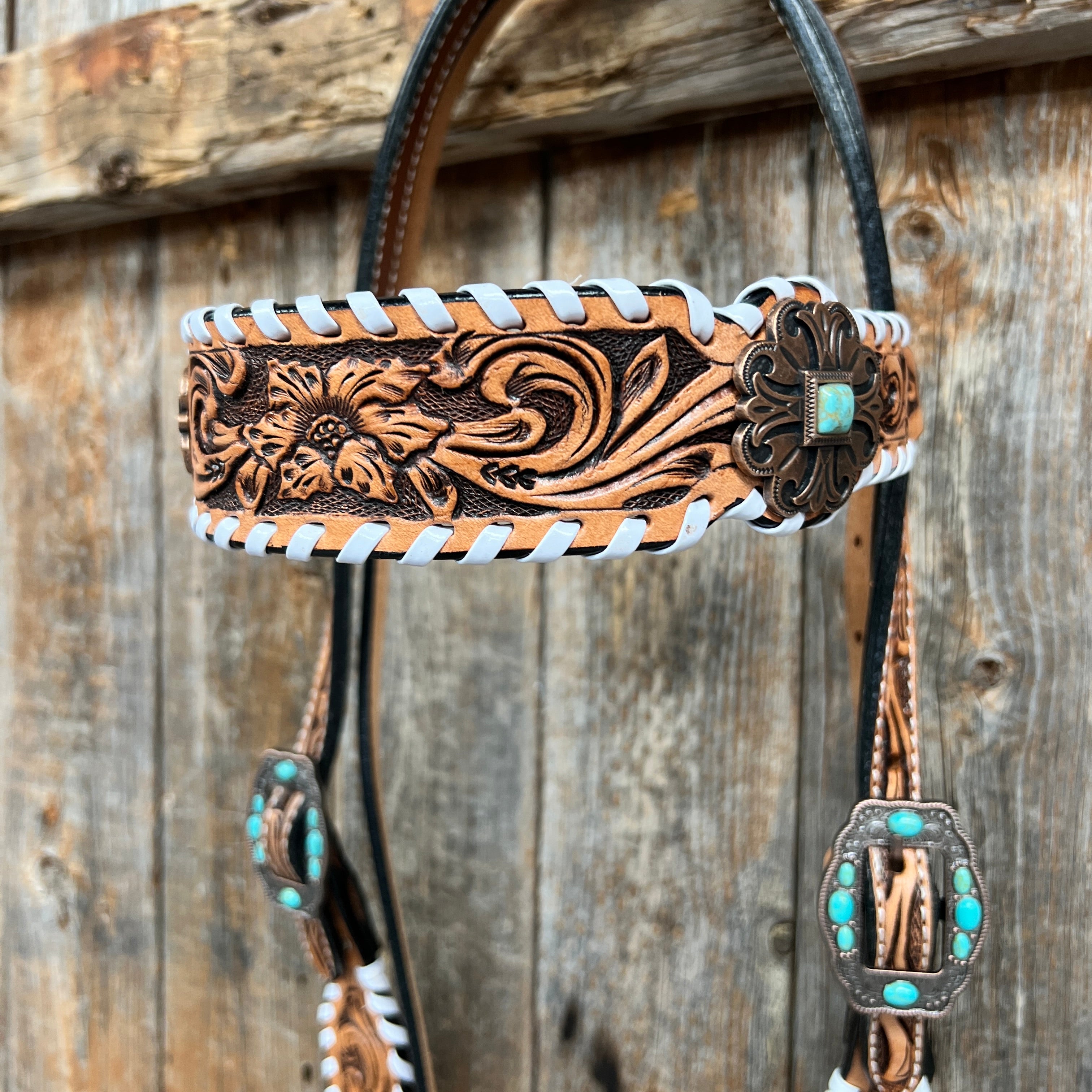 Whipstitch Copper Turquoise  Browband / One Ear Tack Set #BBBC419