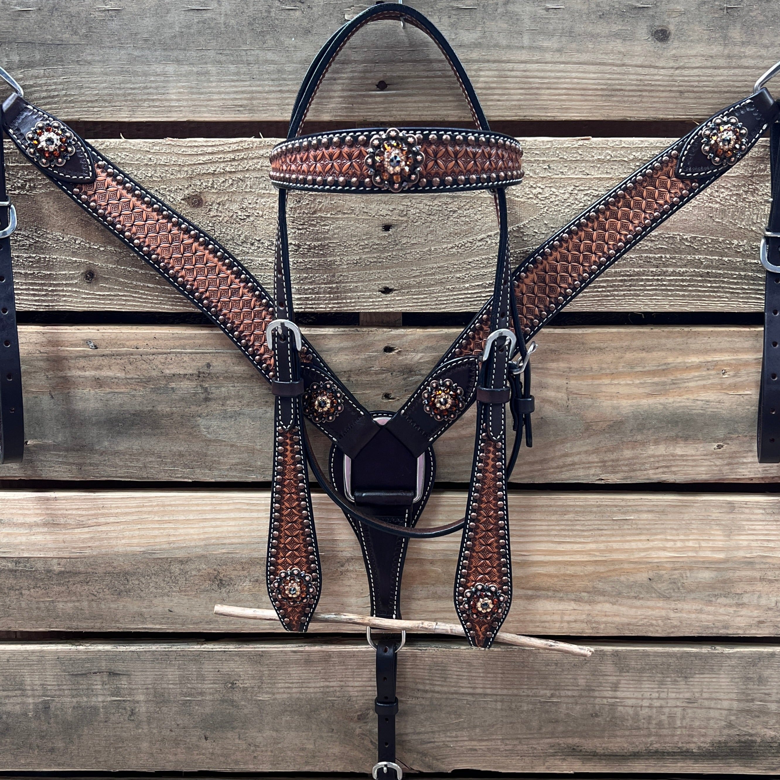 Two Tone Honeycomb Copper Dot Jet, Champagne and Topaz Browband / Breastcollar Tack Set #BBBC621