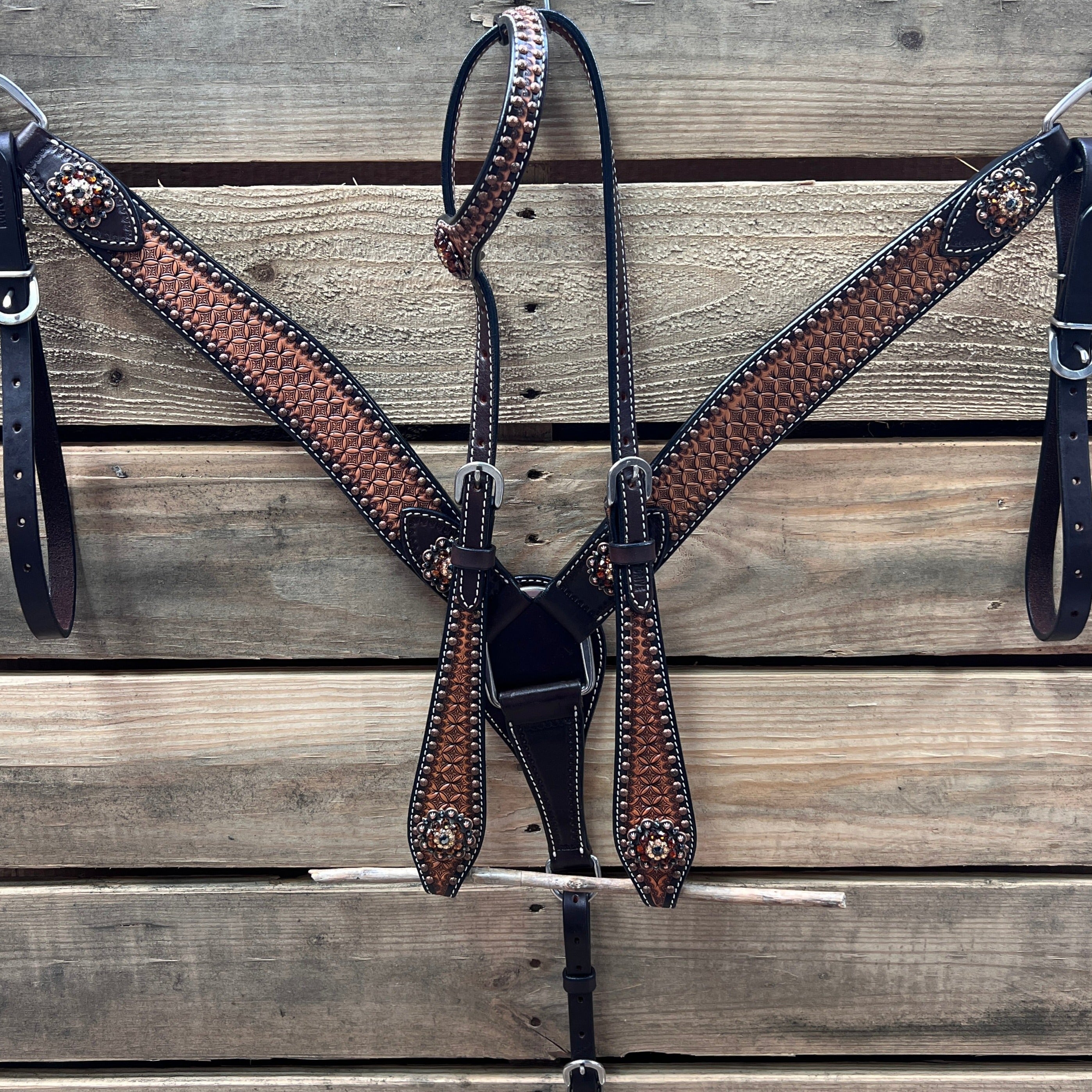 Two Tone Honeycomb Copper Dot Jet, Champagne and Topaz Browband / Breastcollar Tack Set #BBBC621