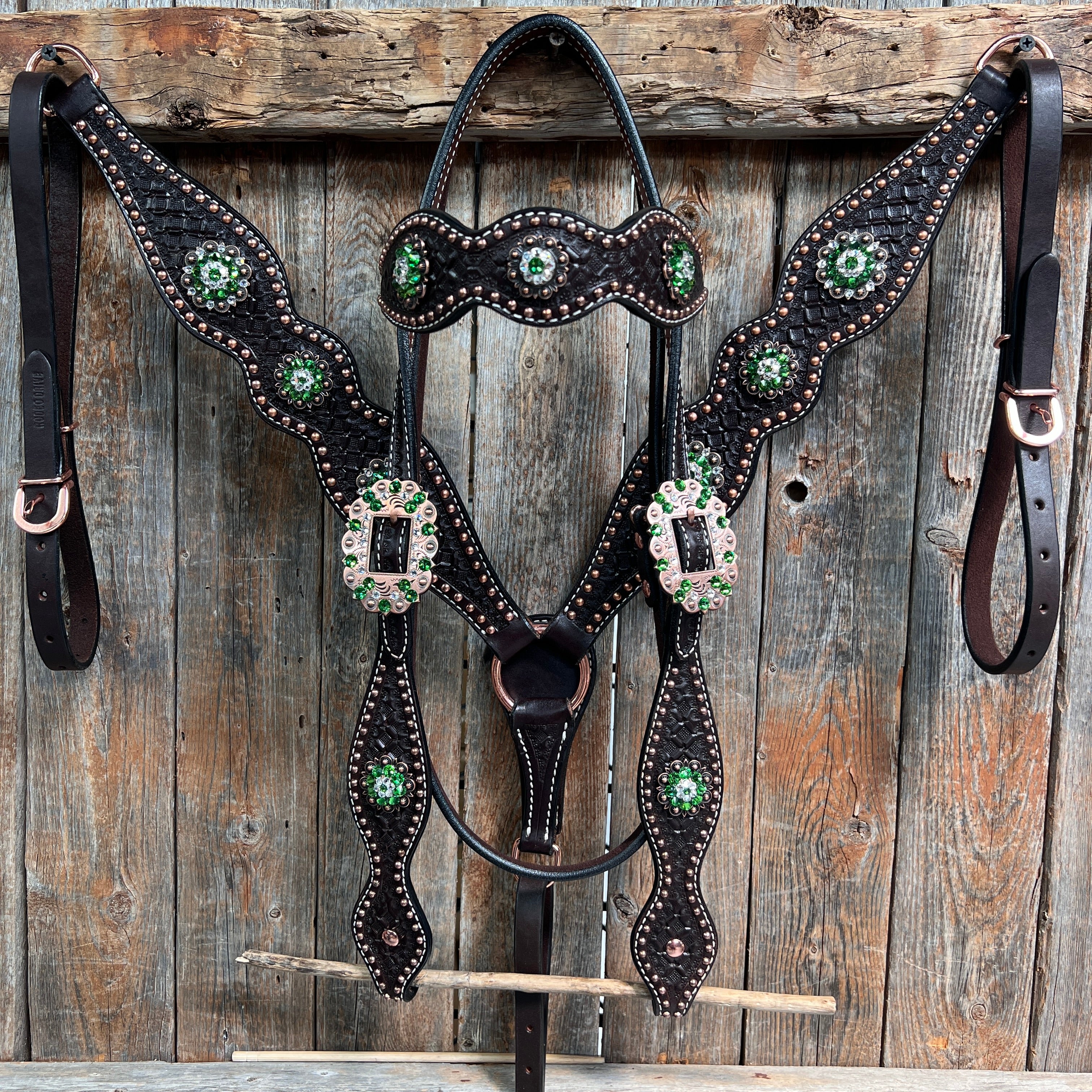 Dark Oil Honeycomb Copper Dot Copper and Fern Browband / Breastcollar Tack Set #BBBC611