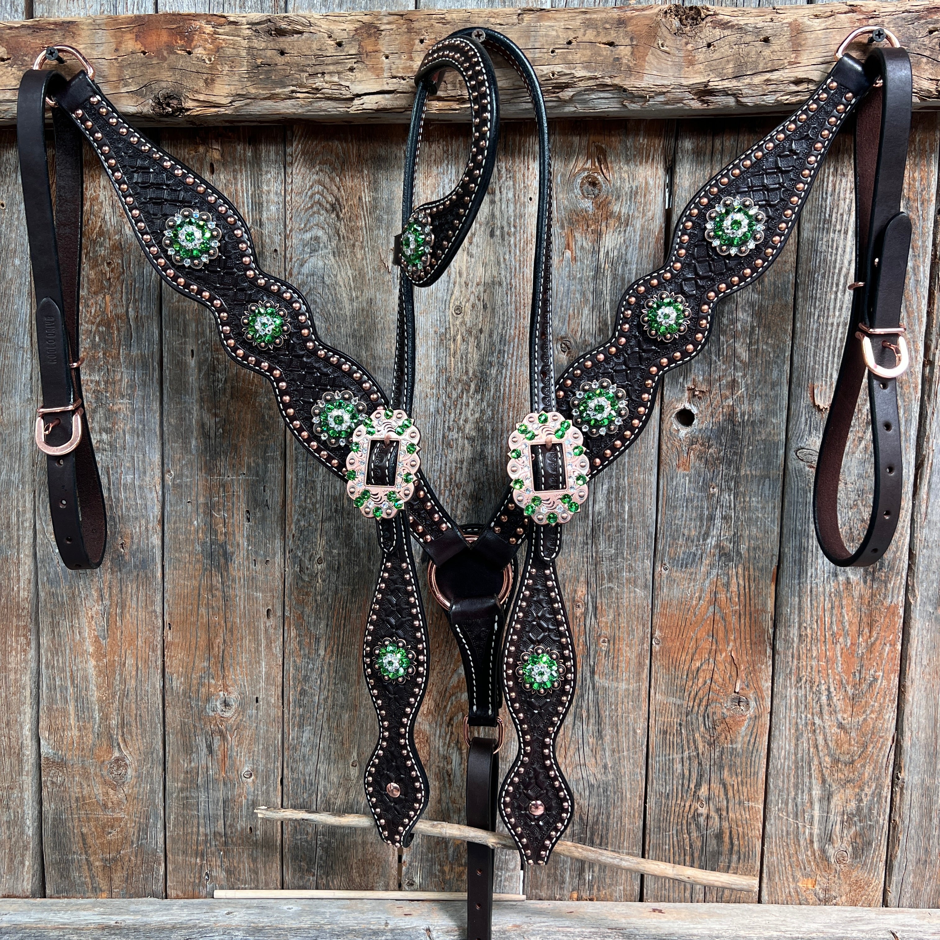 Dark Oil Honeycomb Copper Dot Copper and Fern Browband / Breastcollar Tack Set #BBBC611