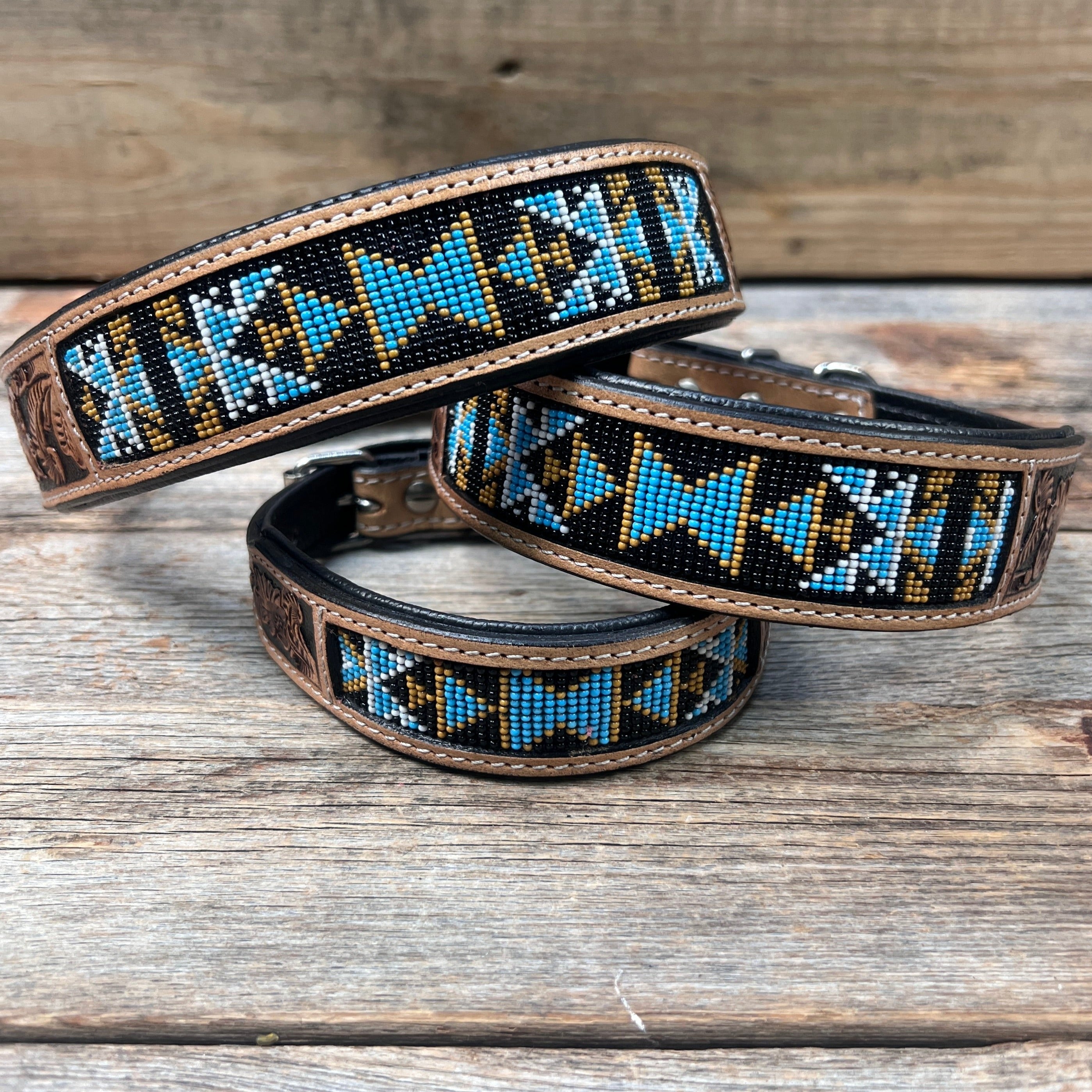 Blue and Black Genuine Leather Beaded Dog Collar #BDC102