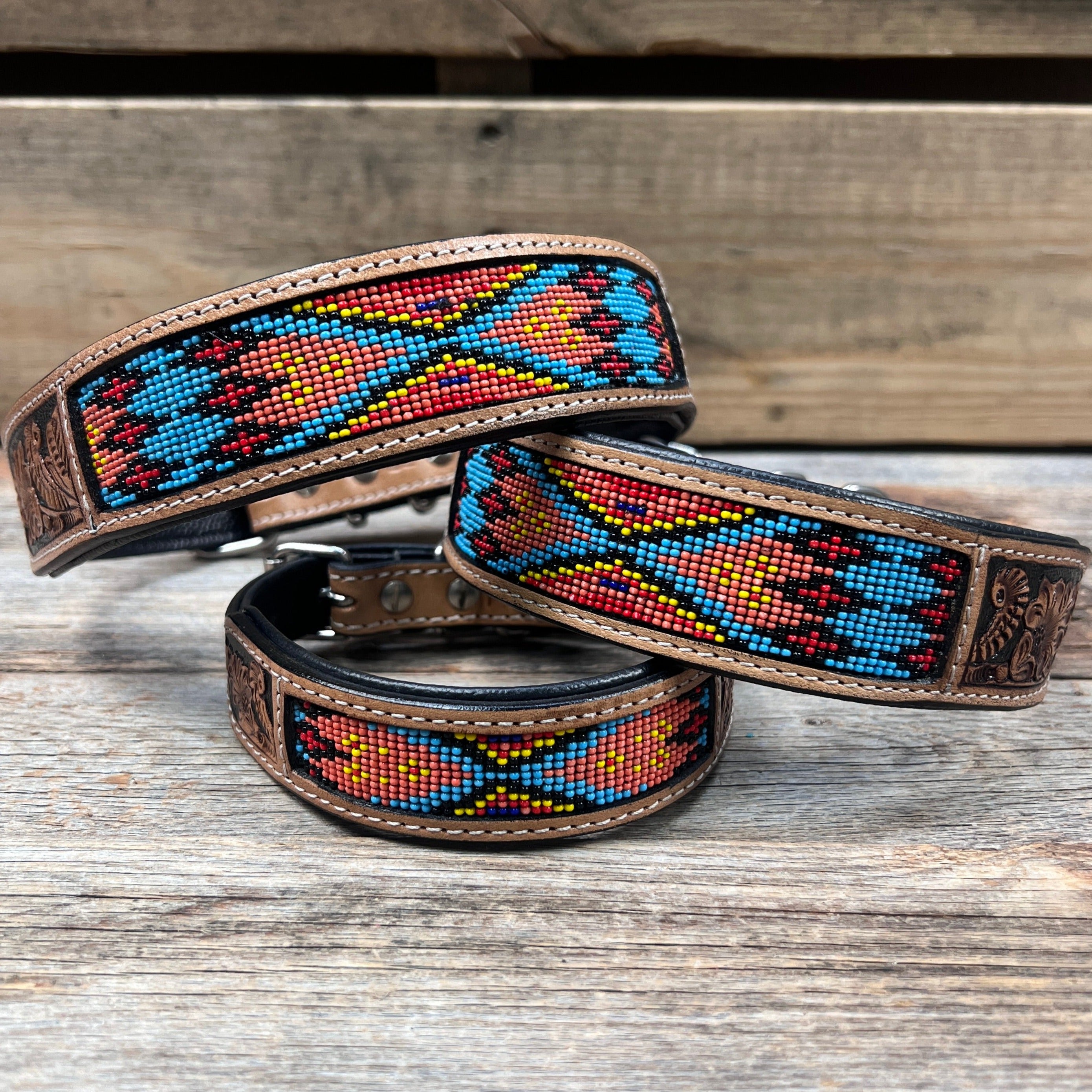 Orange and Blue Genuine Leather Beaded Dog Collar #BDC100
