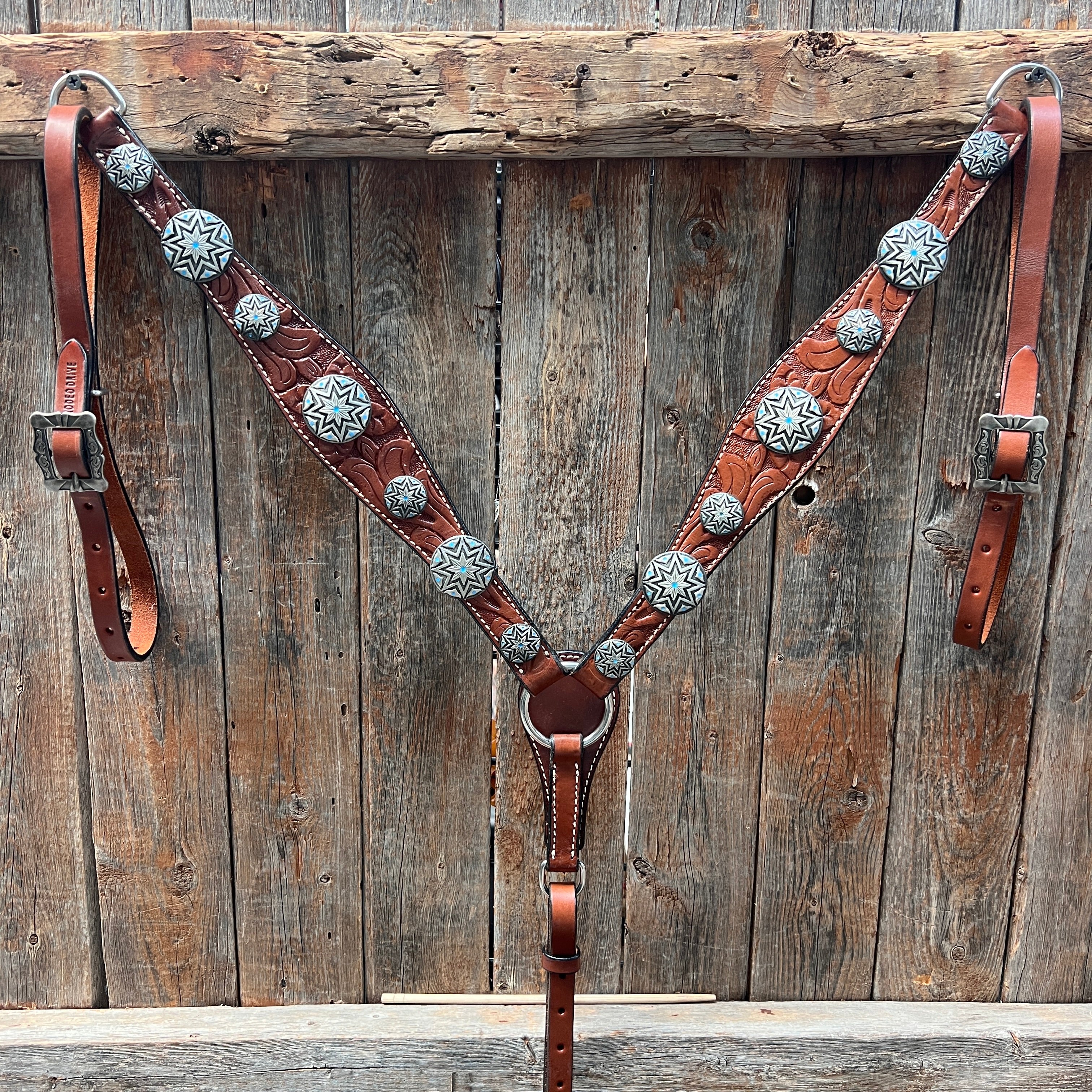 Medium Oil Floral Western Starburst Browband / Breastcollar Tack Set  #BBBC612