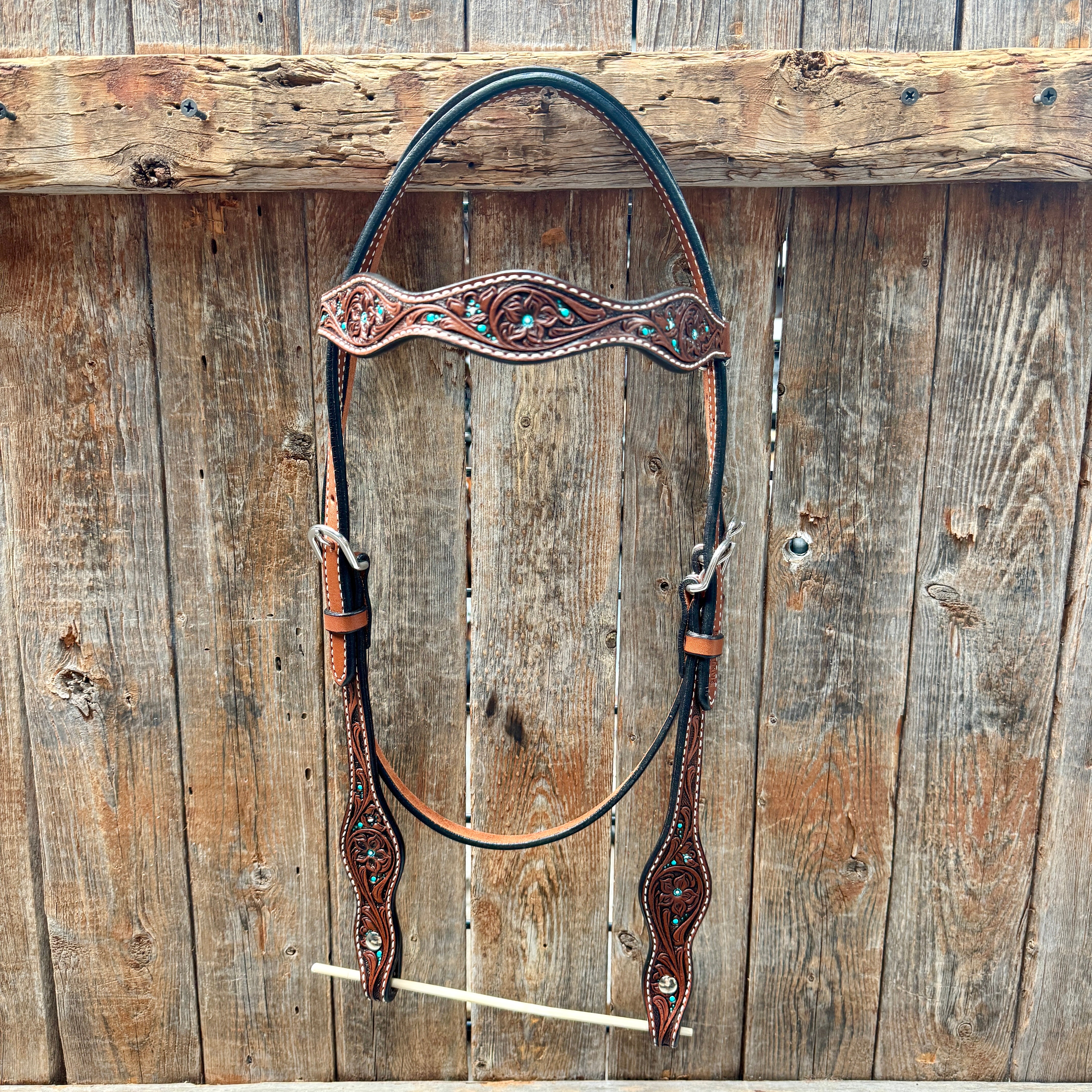 Medium Oil Floral and Teal Dot Browband Headstall / Bridle #24337M