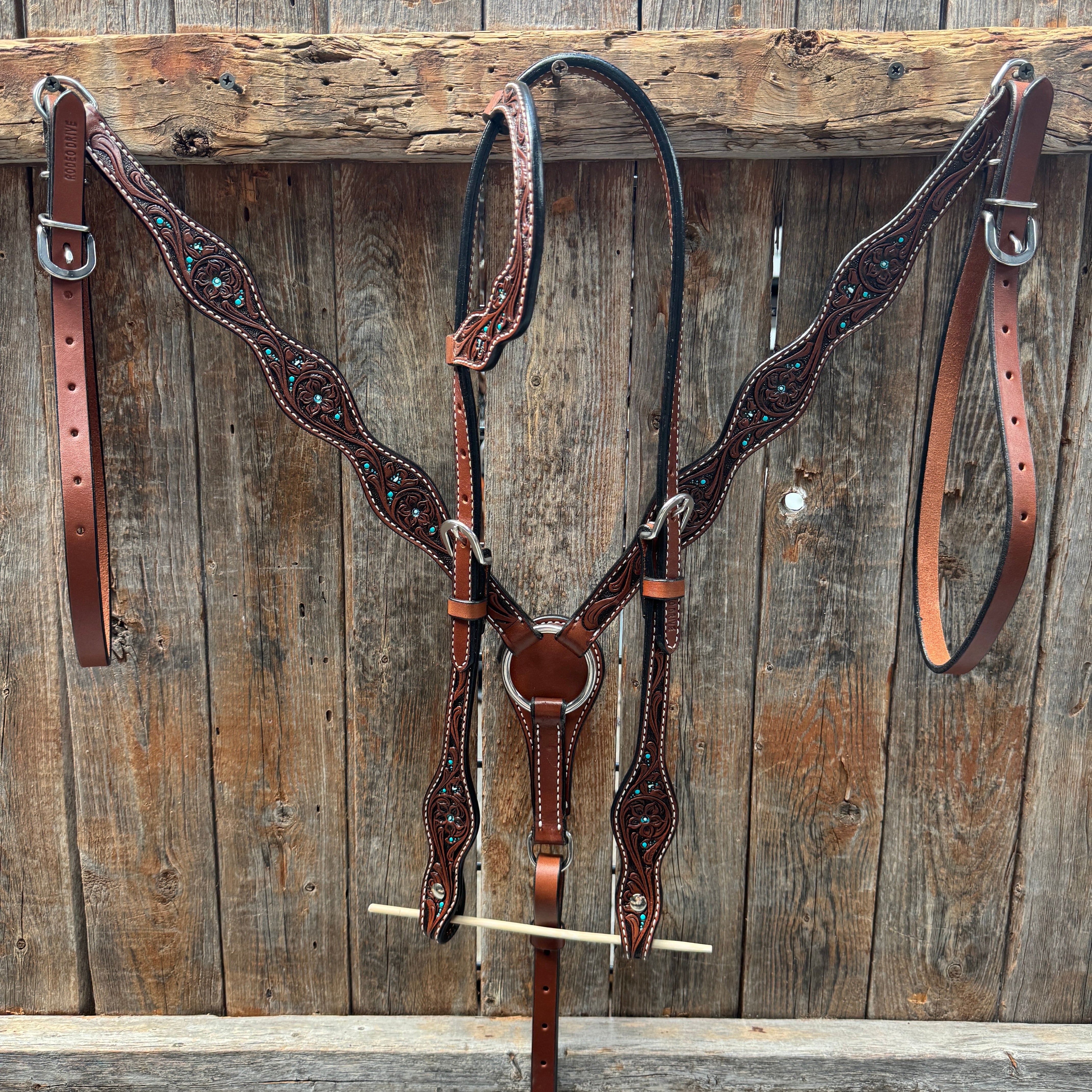 Medium Oil Floral and Teal Dot Browband / One Ear Headstall and Breastcollar Tack Sets