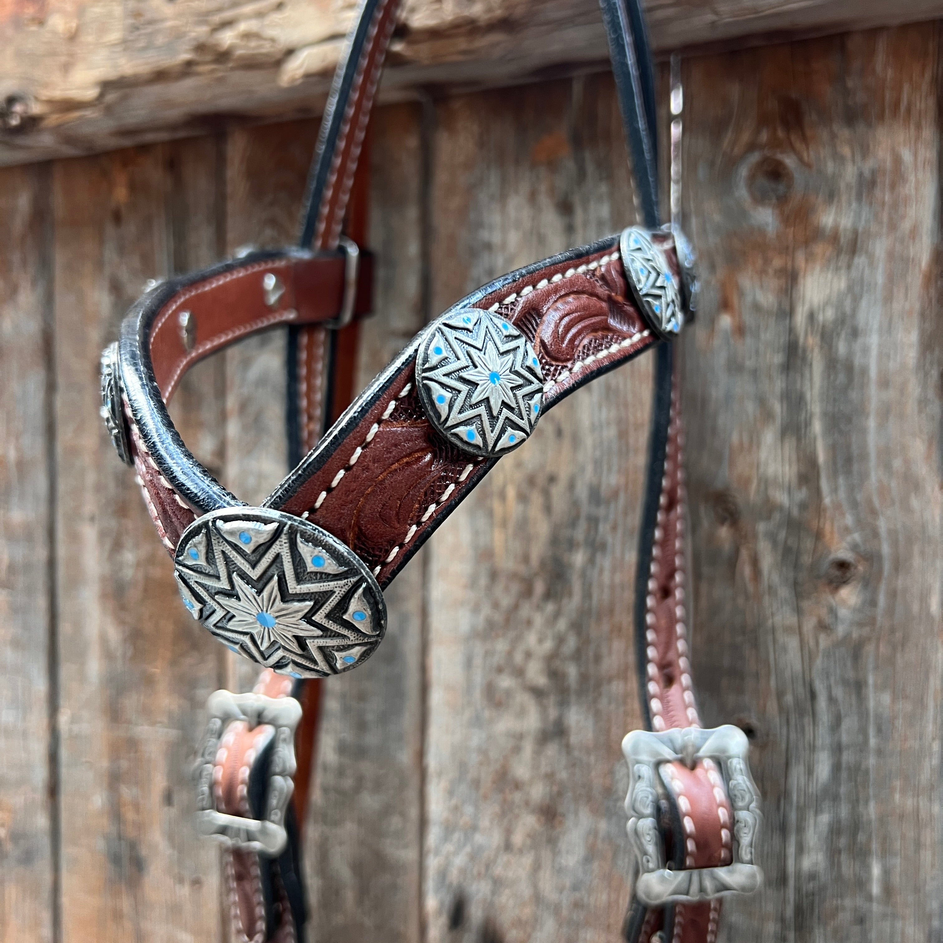 Medium Oil Floral Western Starburst Browband / Breastcollar Tack Set  #BBBC612