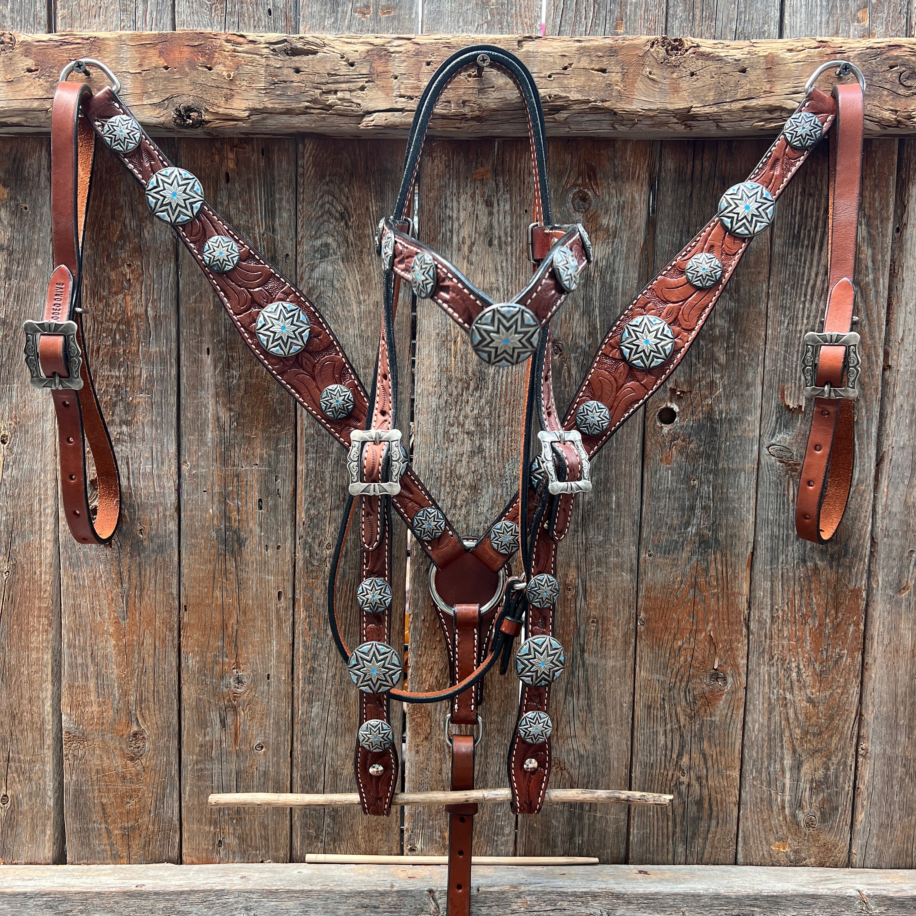 Medium Oil Floral Western Starburst Browband / Breastcollar Tack Set  #BBBC612
