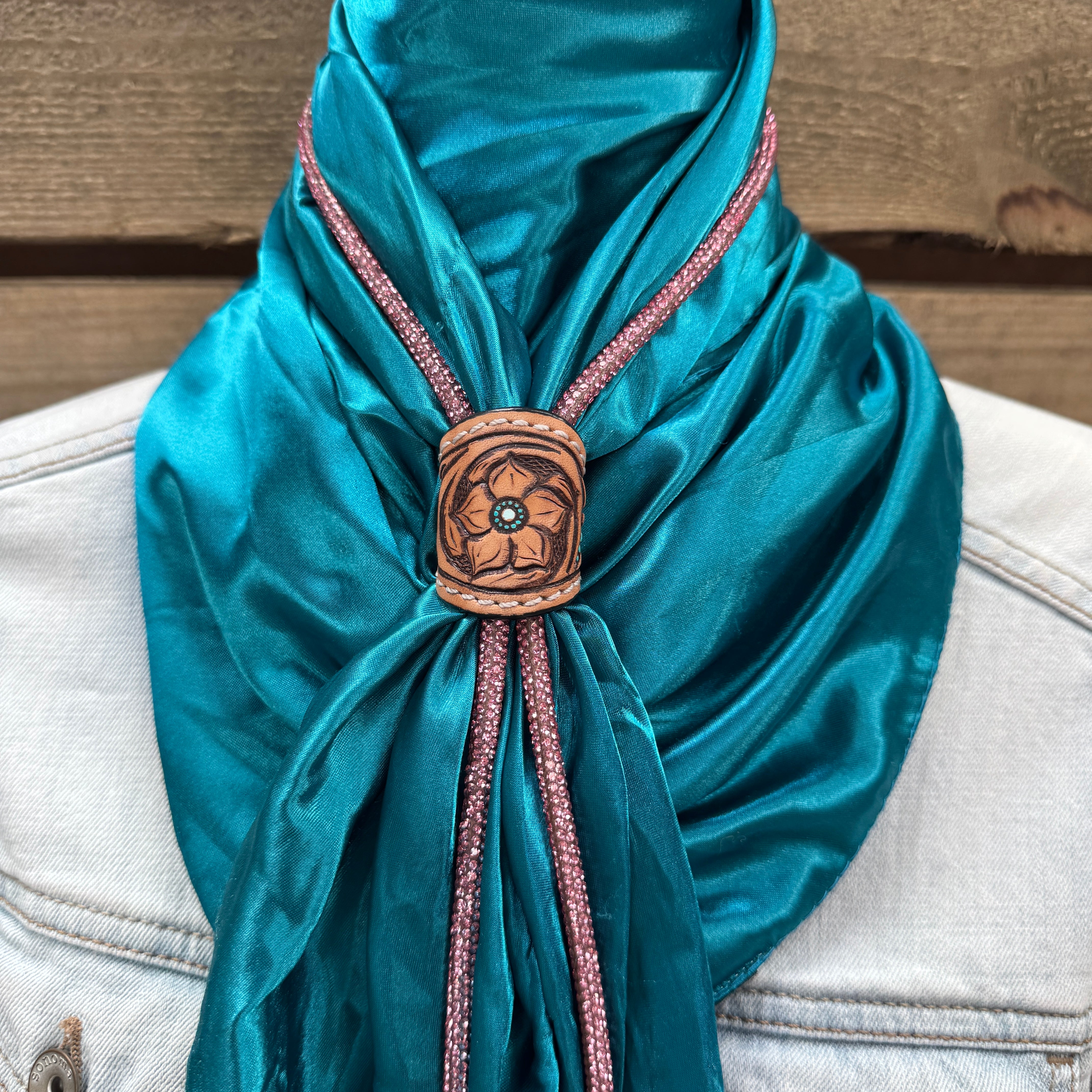 35X35" Solid Teal Wild Rag / Scarf - Leather Slide and Bolo Tie