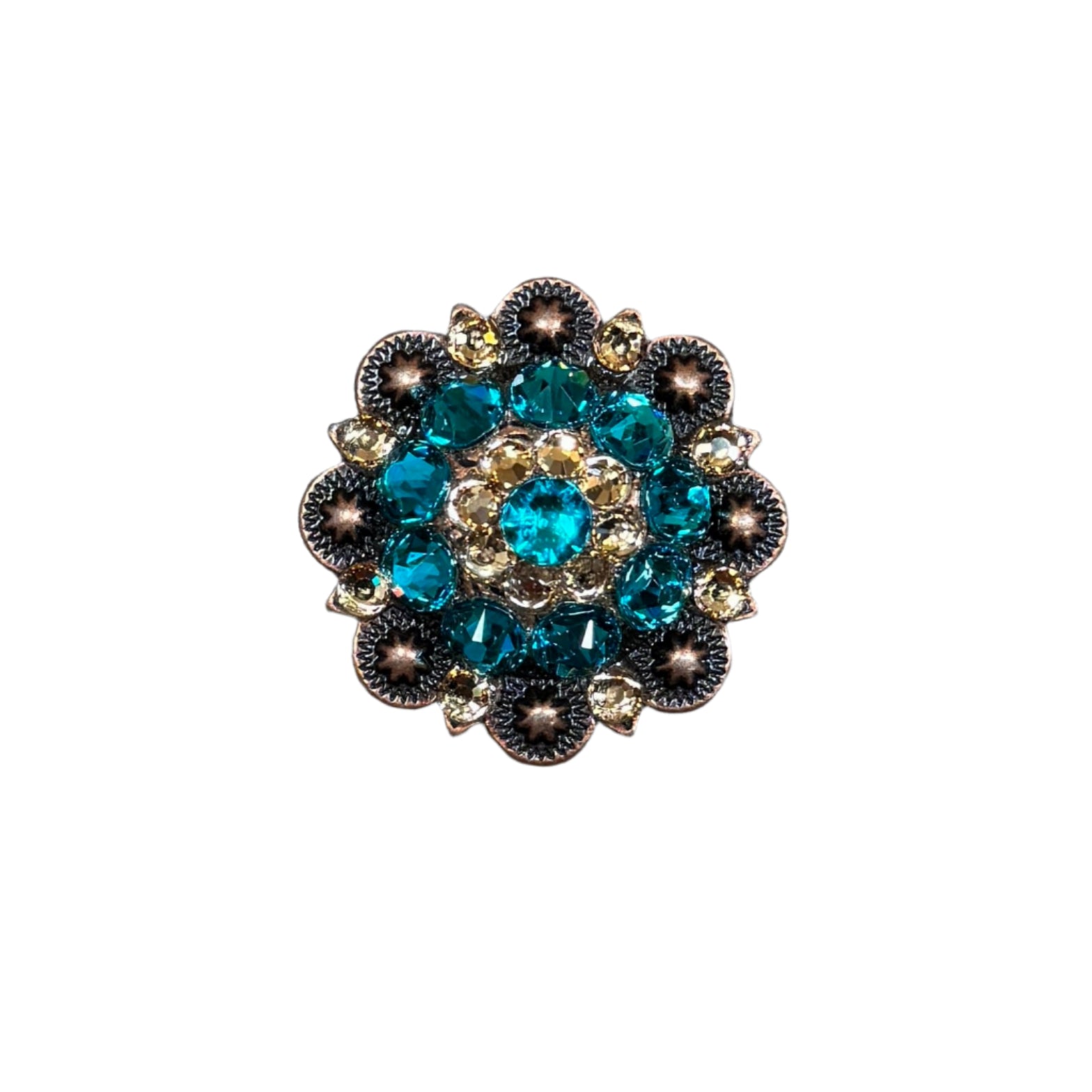 Copper Teal, Champagne Crystal Conchos Sizes from 1"-3" and Buckles