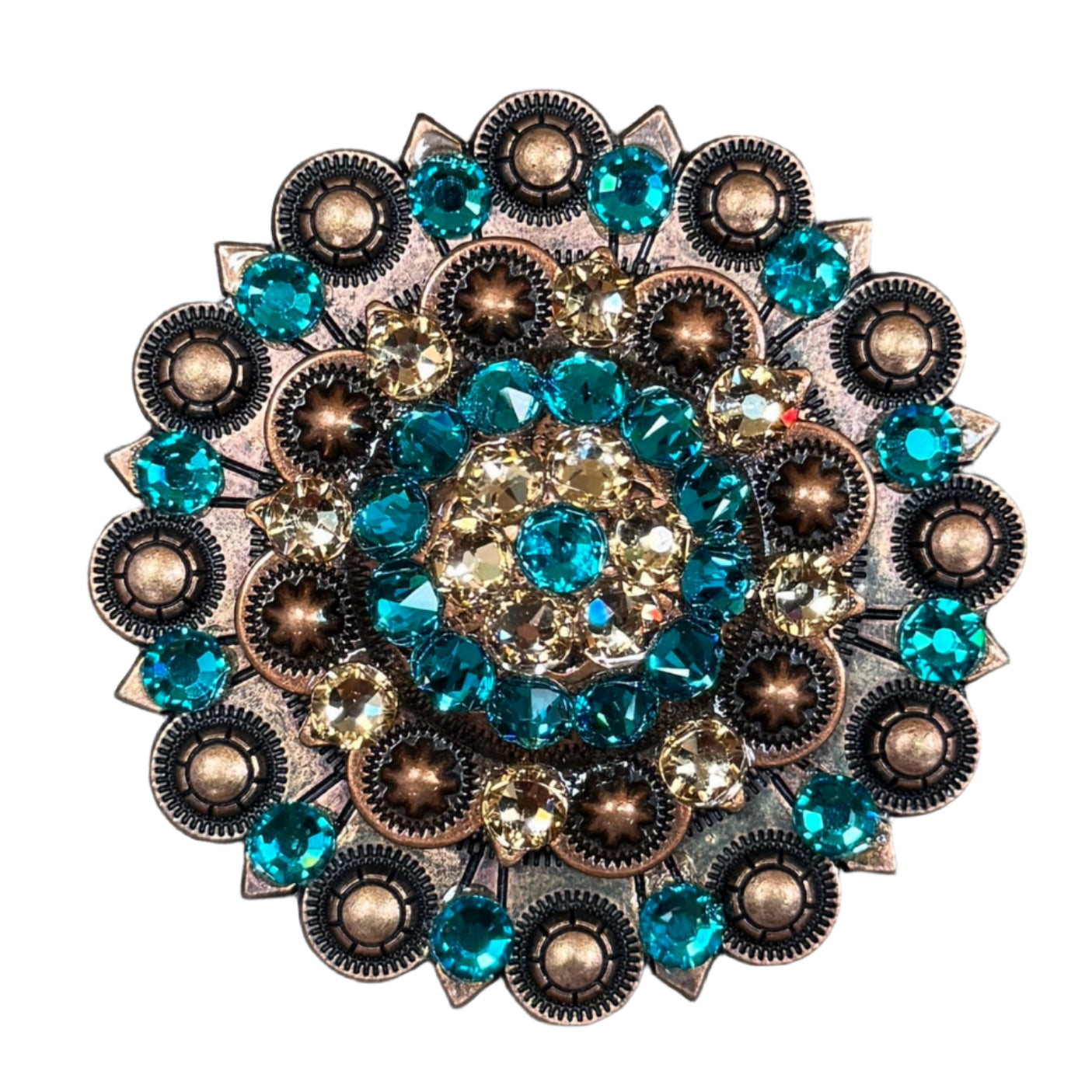 Copper Teal, Champagne Crystal Conchos Sizes from 1"-3" and Buckles