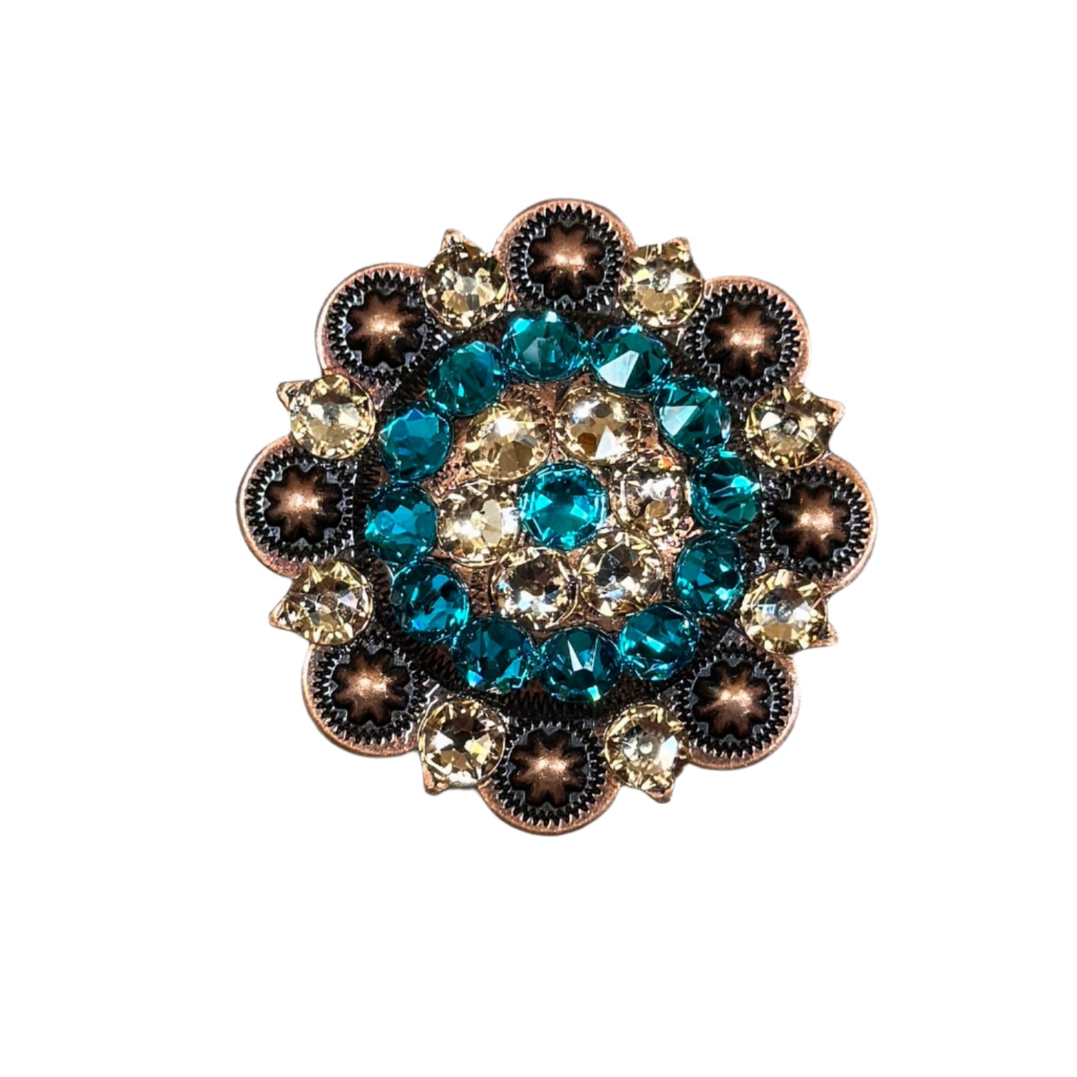 Copper Teal, Champagne Crystal Conchos Sizes from 1