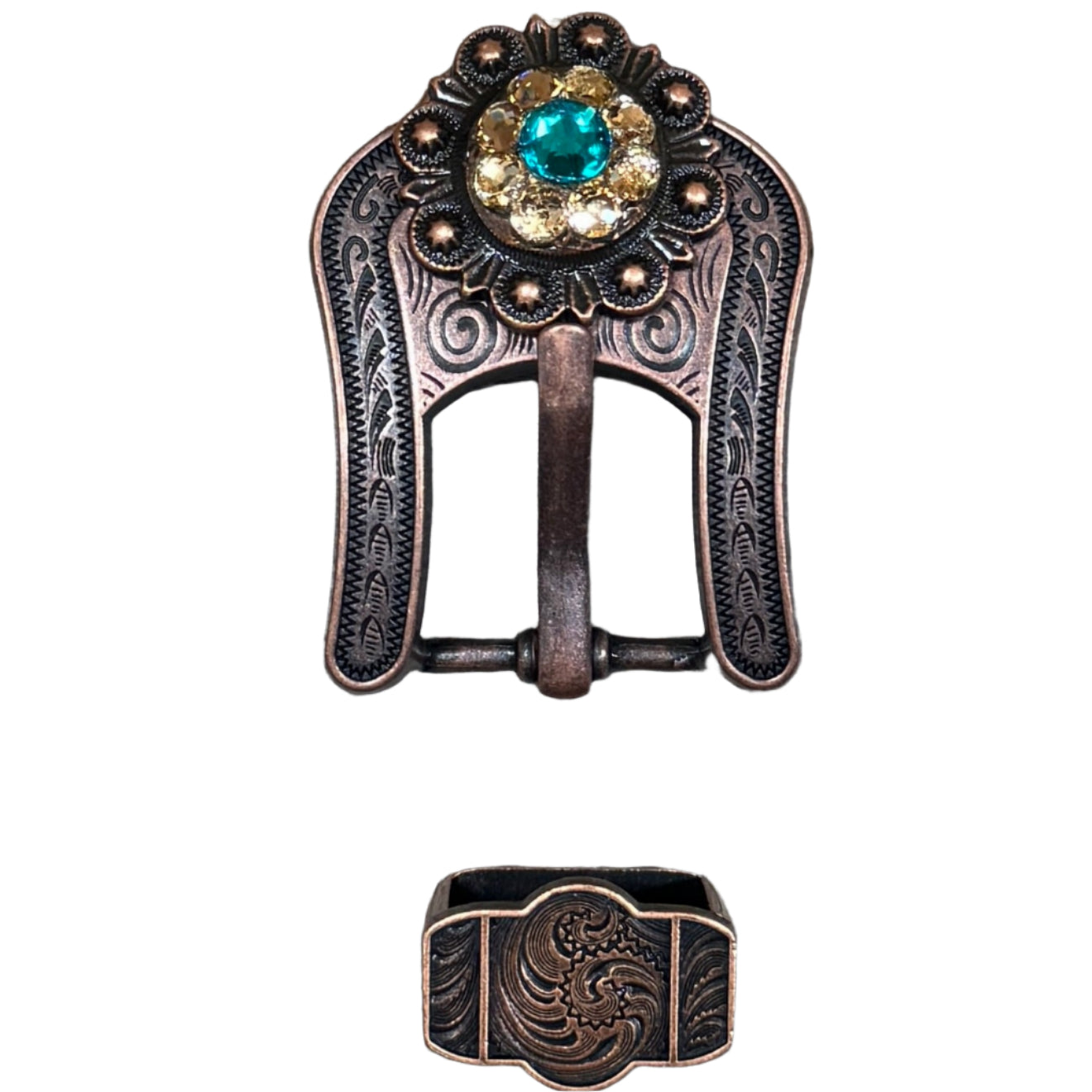 Copper Teal, Champagne Crystal Conchos Sizes from 1