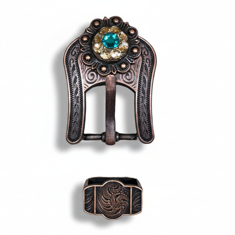 Copper Teal - Champagne Crystal Conchos | Sizes 1"- 3" | Buckles | Saddle Set | Leather Rosettes | Slide
