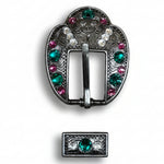 Antique Silver Fuchsia - Clear - Emerald  Crystal Conchos | Sizes 1"- 3" | Buckles | Saddle Set | Leather Rosettes | Slide