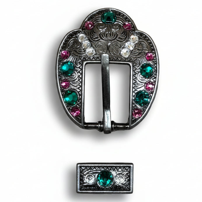 Antique Silver Fuchsia - Clear - Emerald  Crystal Conchos | Sizes 1"- 3" | Buckles | Saddle Set | Leather Rosettes | Slide