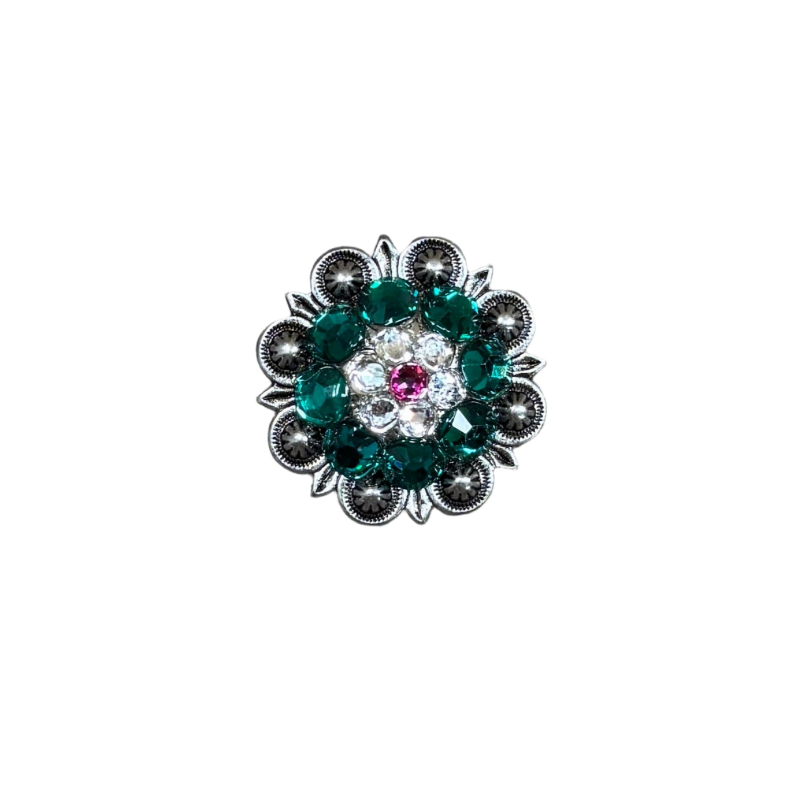 Antique Silver Fuchsia, Clear and Emerald  Crystal Conchos - Sizes from 1
