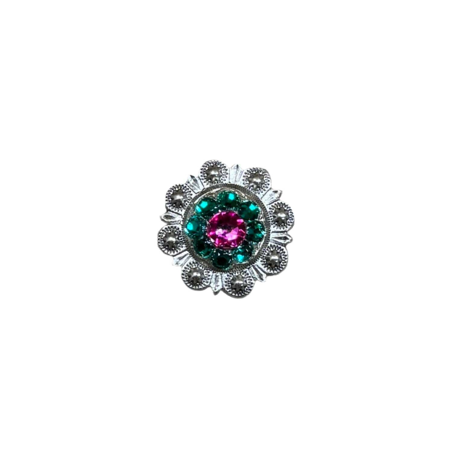Antique Silver Fuchsia, Clear and Emerald  Crystal Conchos - Sizes from 1"- 3" and Buckles