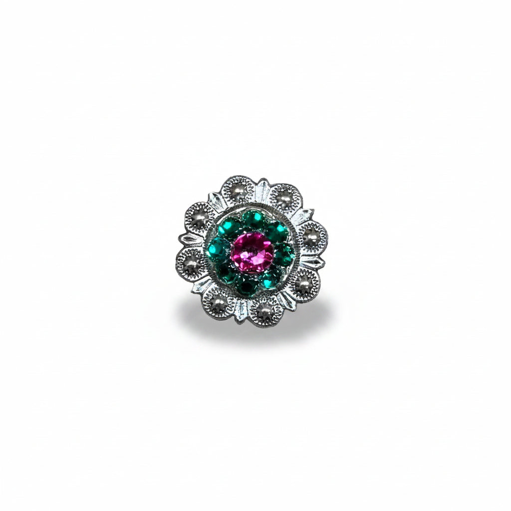 Antique Silver Fuchsia - Clear - Emerald  Crystal Conchos | Sizes 1"- 3" | Buckles | Saddle Set | Leather Rosettes | Slide