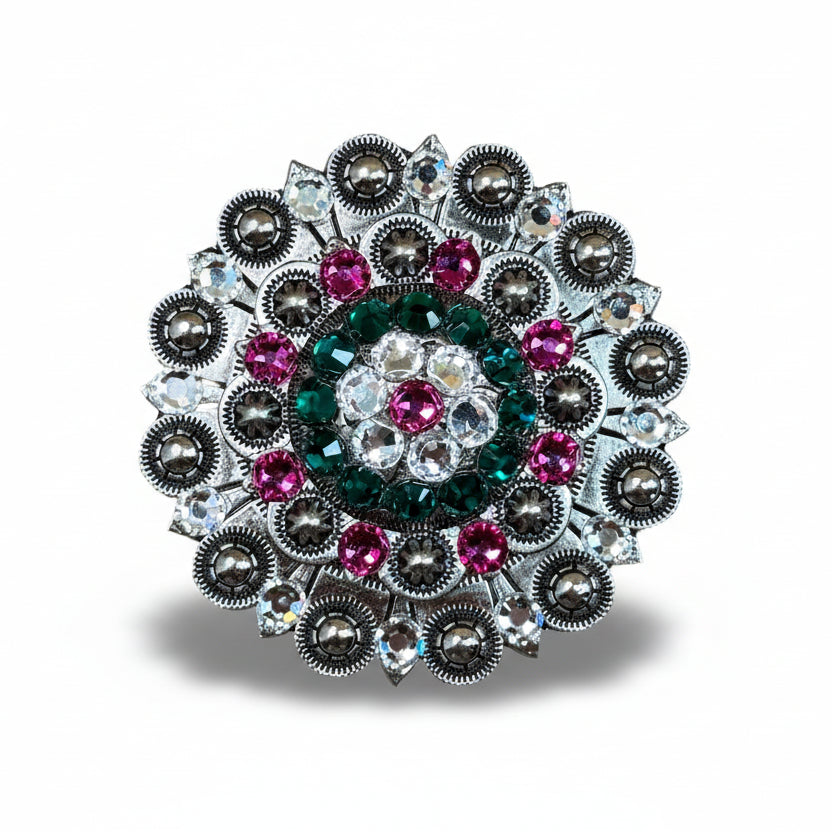 Antique Silver Fuchsia - Clear - Emerald  Crystal Conchos | Sizes 1"- 3" | Buckles | Saddle Set | Leather Rosettes | Slide