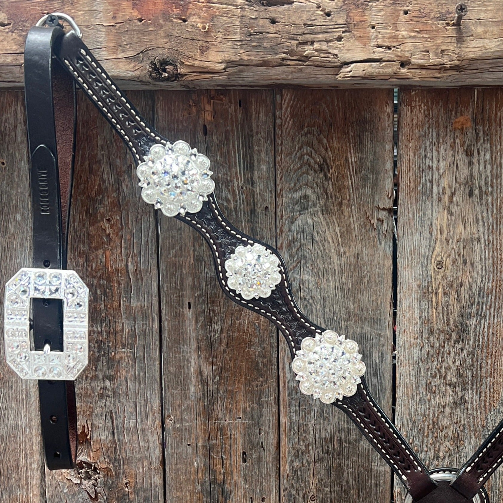 Dark Oil Basketweave Clear Browband/One Ear Tack Set  #BBBC619