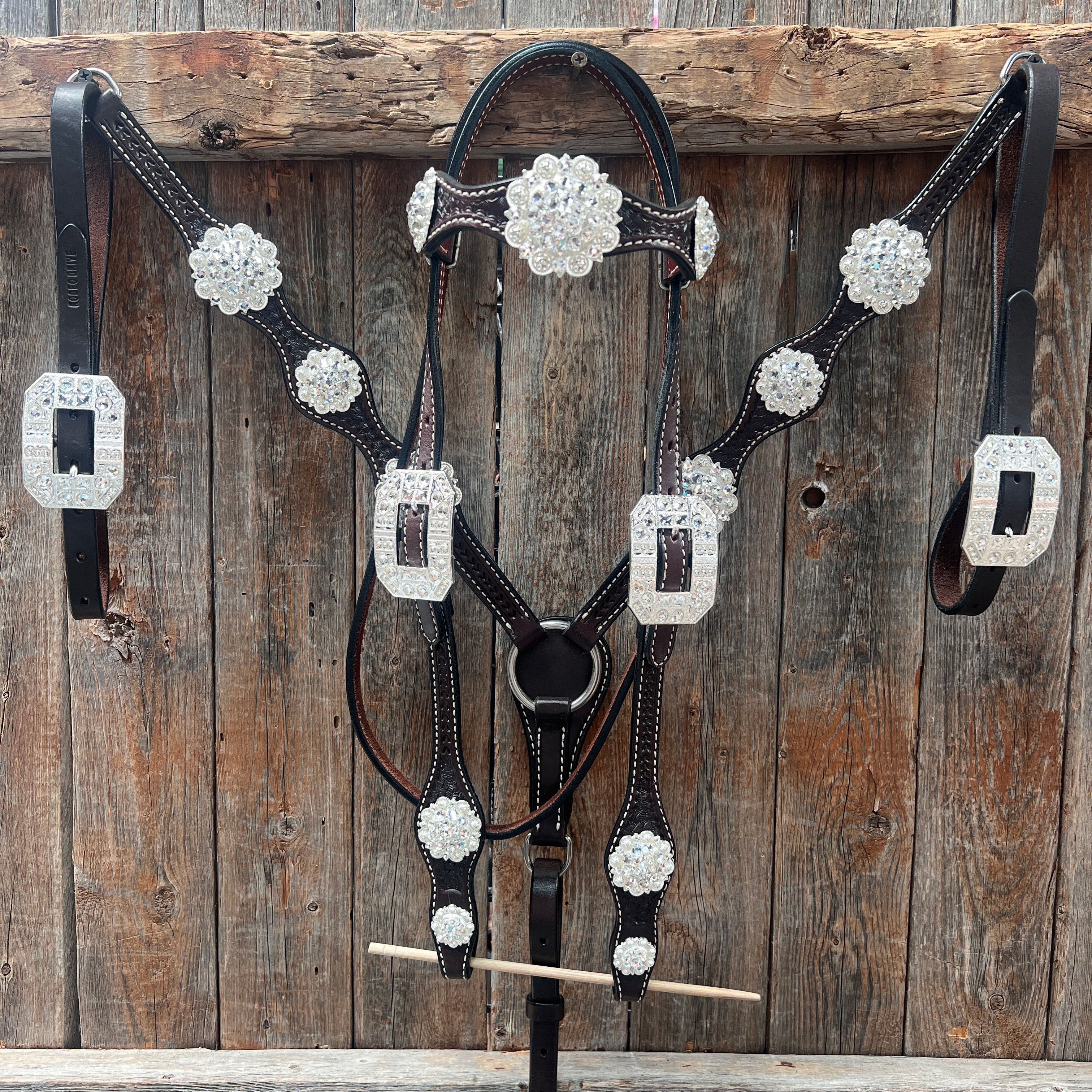 Dark Oil Basketweave Clear Browband/One Ear Tack Set  #BBBC619