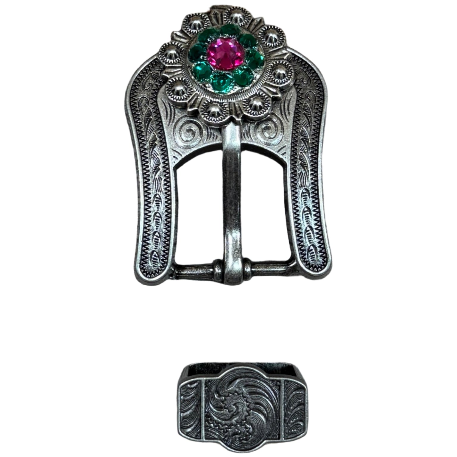 Antique Silver Fuchsia, Clear and Emerald  Crystal Conchos - Sizes from 1