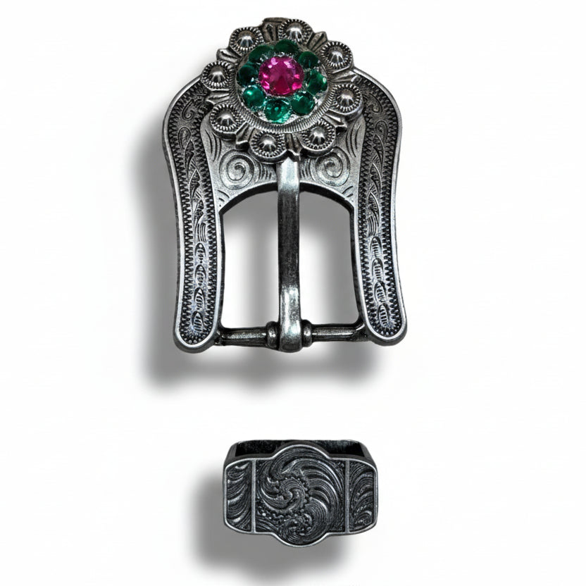 Antique Silver Fuchsia - Clear - Emerald  Crystal Conchos | Sizes 1"- 3" | Buckles | Saddle Set | Leather Rosettes | Slide