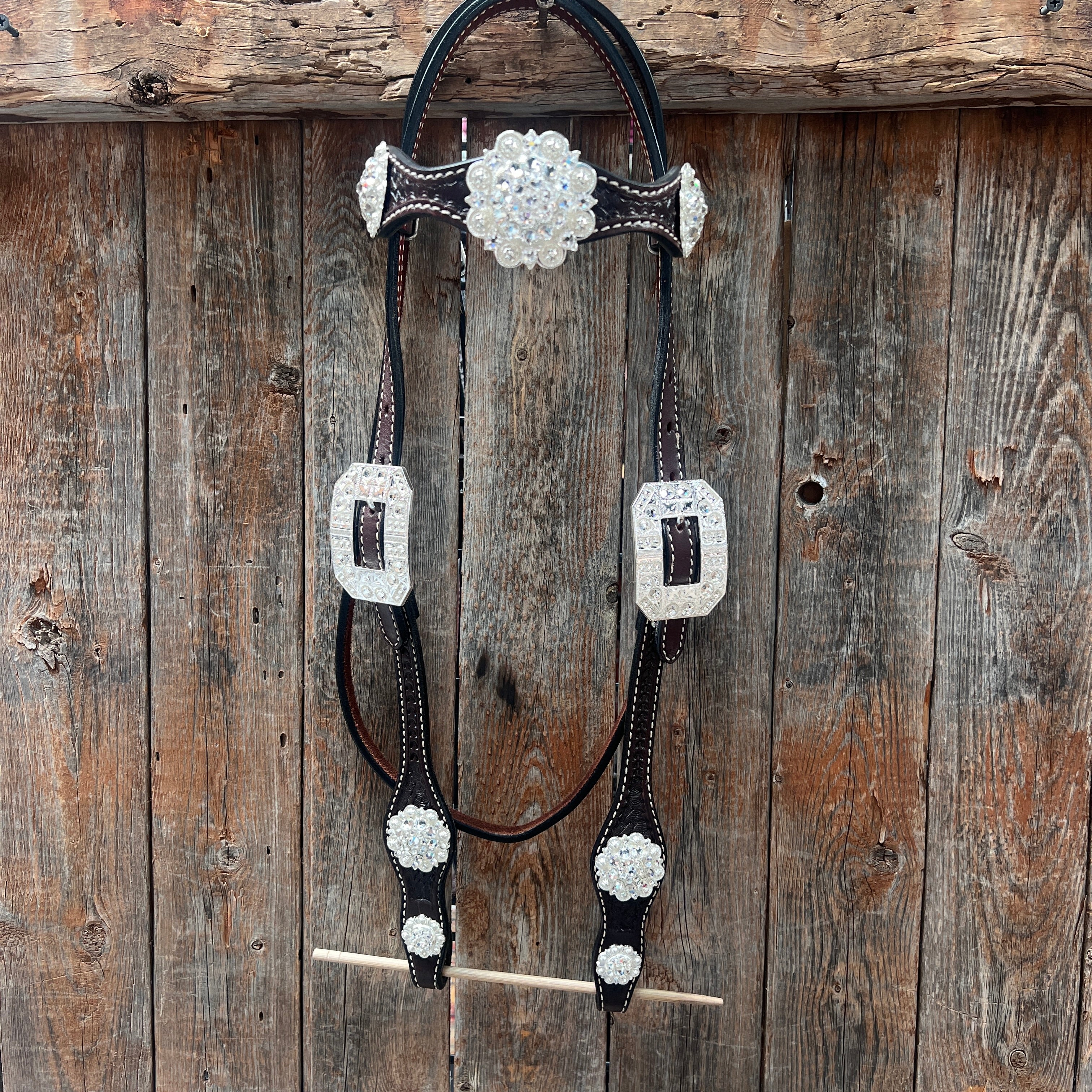 Dark Oil Basketweave Clear Browband/One Ear Tack Set  #BBBC619