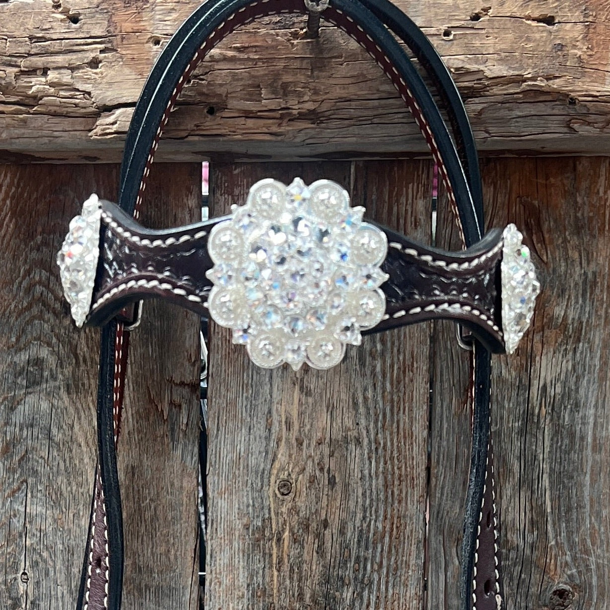 Dark Oil Basketweave Clear Browband/One Ear Tack Set  #BBBC619