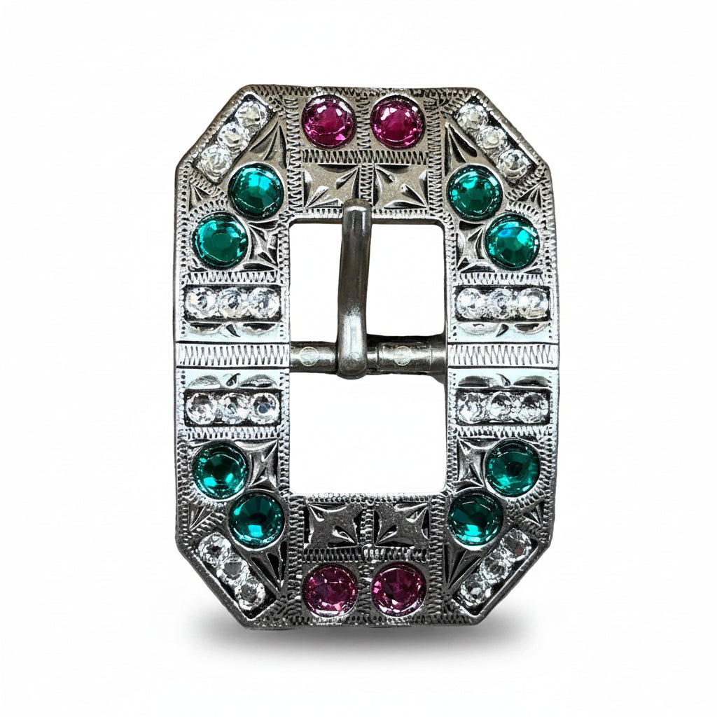 Antique Silver Fuchsia - Clear - Emerald  Crystal Conchos | Sizes 1"- 3" | Buckles | Saddle Set | Leather Rosettes | Slide