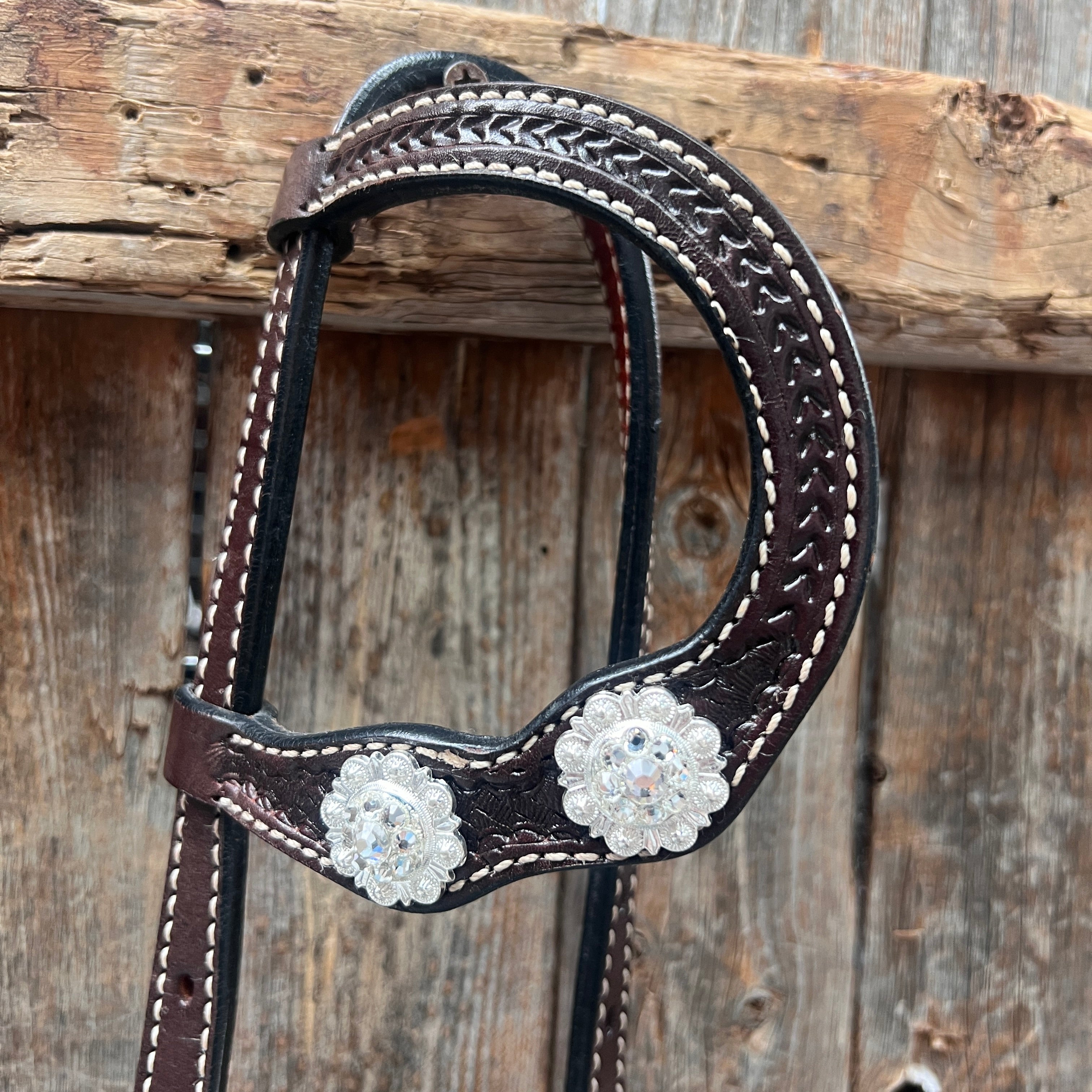Dark Oil Basketweave Clear Browband/One Ear Tack Set  #BBBC619