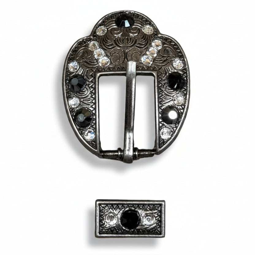 Antique Silver Jet - Clear Crystal Conchos | Sizes 1"- 3" | Buckles | Saddle Set | Leather Rosettes | Slide